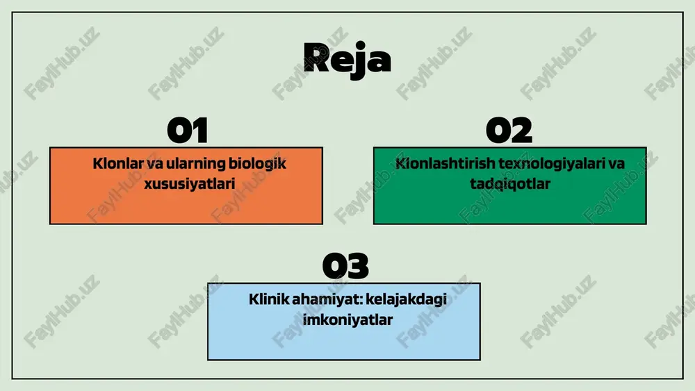 handislik va hujayra biologiyasiga asoslanadi. bu texnologiyalar yordamida yangi davolash usullari, organ transplantatsiyalari va boshqa tibbiy amaliyotlar uchun zarur bo'lgan o'zgarishlar amalga oshiriladi. klonlashtirish tadqiqotlari va klinik ahamiyati - klonlashtirish tadqiqotlari zamonaviy tibbiyotda muhim o'rin egallaydi. - ular genomik tadqiqotlar, dori ishlab chiqarish va regenerativ tibbiyot sohalarida yangi imkoniyatlar yaratadi. - klinik sohada klonlash orqali yangi dori vositalarini ishlab chiqish, kasalliklarni davolashda individual yondashuvni amalga oshirish va organ transplantatsiyasi uchun mos klonlarni tayyorlash mumkin. - tadqiqotlar natijalari ko'plab kasalliklar, jumladan, onkologiya va genetik kasalliklar bo'yicha yangi davolash usullarini taklif etadi. - kelajakda klonlashtirish yo'nalishida genetik muammolarni hal qilish va yangi terapiyalar ishlab chiqish imkoniyatlari mavjud. - bu tadqiqotlar insoniyat hayotini uzaytirishga va sog'liqni saqlash tizimini yaxshilashga yordam beradi. 1 2 klonlashtirishning tibbiyotda muhim roli klonlashtirish texnologiyalari tibbiyotda yangi imkoniyatlar yaratmoqda. organ transplantatsiyasi va genetik kasalliklar uchun klonlar muvaffaqiyatli qo'llanilmoqda. klinik tadqiqotlar klonlashtirish samaradorligini ko'rsatmoqda. klonlarning tibbiyotdagi roli klinik tadqiqotlar va …
