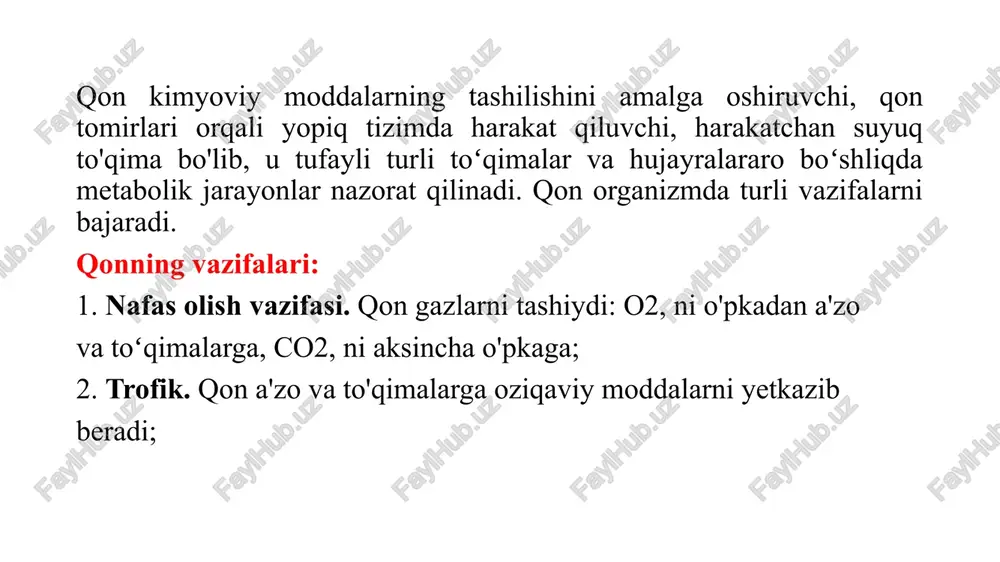 ko‘payib ketishi giperproteinemiya deb ataladi. diareya, ko‘p qusish kabi hollarda organizmdan ko‘p suv yo‘qotish bilan kechadigan kasalliklarda plazmada oqsil konsentratsiyasi ortadi (nisbiy giperproteinemiya). bundan tashqari ayrim infeksion kasalliklarda γ-globulin sintezi ko‘payishi yoki miyeloma kasalligida maxsus «miyelom oqsillari» sintezi ko‘payishi natijasida ham giperproteinemiya kuzatiladi. qon plazmasida oqsil konsentratsiyasining kamayishi — gipoproteinemiya deb ataladi. ko‘pincha gipoproteinemiya qonda albumin konsentratsiyasining kamayishi hisobiga kuzatiladi. masalan: nefroz kasalligida buyrak orqali ko‘p miqdorda albuminning ajralishi, jigar kasalliklaridagi albumin sintezining pasayishi, qondagi konsentratsiyasining pasayishiga (gipoproteinemiyaga) sabab bo‘ladi qonning umumiy miqdori tana massasining o`rtacha 7-8% ini tashkil qilib, hajmi 4,5-5,0 litrga teng. fiziologik holatda uning bir qismi qon depolarida saqlanadi. qon miqdorini ko`p qismini yo`qotish o`limga olib keladi. qon o`zida suspenziyalik, kolloidlik va elektrolitik xususiyatlarni mujassamlashtirgan. suspenziyalik va elektrolitik xususiyati kationlar va anionlarga bog`liq. qonning 83% i suv, qolgani esa quruq moddalar. qonning yopishqoqligi va zichligi 1,050- 1,060 ga teng. qovushqoqligi suvga nisbatan 5 marta ortiq, ph – …