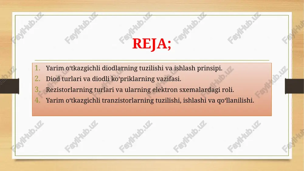 di. diodlarning bunday xossasi ko‘plab elektron qurilmalarda ularni himoya elementi sifatida ishlatishga imkon beradi. bundan tashqari, ular kuchlanishni barqarorlashtirish, signallarni modulyatsiya qilish va impulslarni shakllantirishda ham qo‘llaniladi. diodlarning ishlash prinsipi diodning ishlashi p-n o‘tish zonasi orqali elektron va teshiklarning harakatiga bog‘liq. agar diodning anodiga musbat kuchlanish, katodiga esa manfiy kuchlanish berilsa, u to‘g‘ri ulangan bo‘ladi. bu holatda to‘siq kuchi kamayadi va tok oson o‘tadi. aksincha, kuchlanish manbai teskari ulanganida, to‘siq kuchayadi va diod deyarli tok o‘tkazmaydi. bu xususiyat “bir tomonlama o‘tkazuvchanlik” deb ataladi. shu sababli diodlar to‘g‘rilovchi qurilmalarda keng ishlatiladi. diod orqali o‘tgan tokning miqdori haroratga ham bog‘liq bo‘ladi, chunki issiqlikda elektronlarning energiyasi ortadi. diodlarning vax (volt-amper xarakteristikasi) ularning texnik xususiyatlarini aniqlaydi. amaliyotda har bir diodning chegaraviy kuchlanish va ruxsat etilgan tok qiymatlari bo‘ladi. diod turlari diodlarning turlari juda ko‘p bo‘lib, ularning har biri ma’lum vazifani bajaradi. eng keng tarqalgan turlarga to‘g‘rilovchi diodlar, stabilitronlar, fotoelement diodlar, led (yorug‘lik diodlari) va …