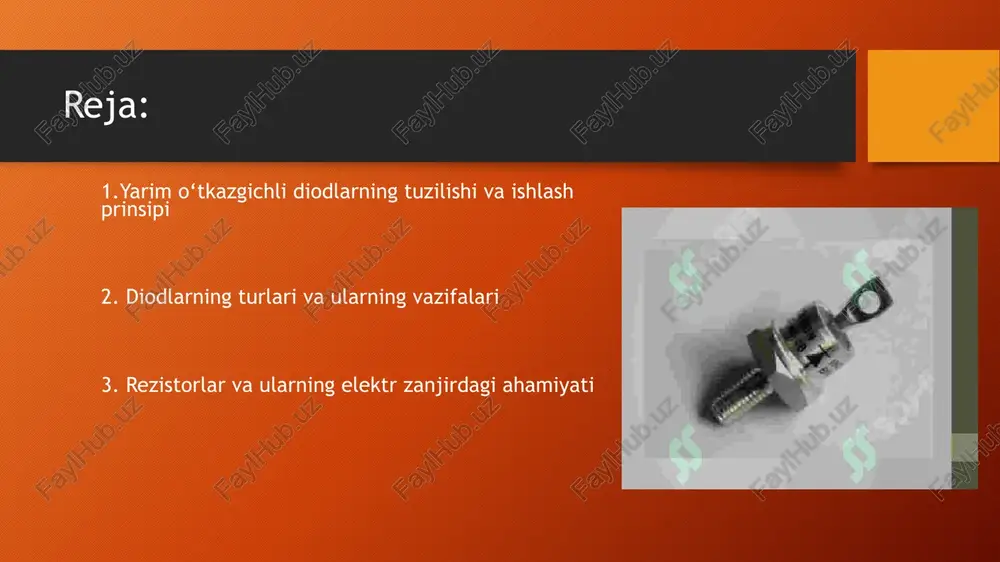 lektr energiyasini yorug‘likka aylantiradi va turli ranglarda bo‘lishi mumkin. fotodiodlar esa yorug‘likni elektr toki signaliga aylantiradi, ular ko‘proq optik sensorlarda qo‘llaniladi. varikap diodlar sig‘imni kuchlanish orqali o‘zgartiradi va radiochastotali qurilmalarda ishlatiladi. schottky diodlar yuqori tezlikda ishlash xususiyatiga ega bo‘lib, kompyuter va raqamli sxemalarda keng qo‘llaniladi. har bir diod turi o‘zining ma’lum bir vazifasiga ega bo‘lib, zamonaviy elektronikaning ajralmas qismidir. diodlar turiga qarab ularning ish kuchlanishi, oqim sig‘imi va haroratga bardoshliligi farq qiladi. rezistorlar va ularning elektr zanjirdagi ahamiyati rezistor — bu elektr tokining oqimiga qarshilik ko‘rsatadigan passiv elektron elementdir. u elektr zanjirlarida tokni cheklash, kuchlanishni taqsimlash va signalni sozlash vazifalarini bajaradi. rezistorlarning asosiy parametri bu qarshilik (r) bo‘lib, u ohm (ω) birlikda o‘lchanadi. qarshilik qiymati materialning turi, uzunligi va kesim yuzasiga bog‘liq. rezistorlar doimiy (fiksirlangan) va o‘zgaruvchan turlarga bo‘linadi. o‘zgaruvchan rezistorlar potensiometr yoki reostat shaklida bo‘lib, tok yoki kuchlanishni qo‘lda boshqarish imkonini beradi. rezistorlar metall, uglerod yoki yarim o‘tkazgich materiallardan …