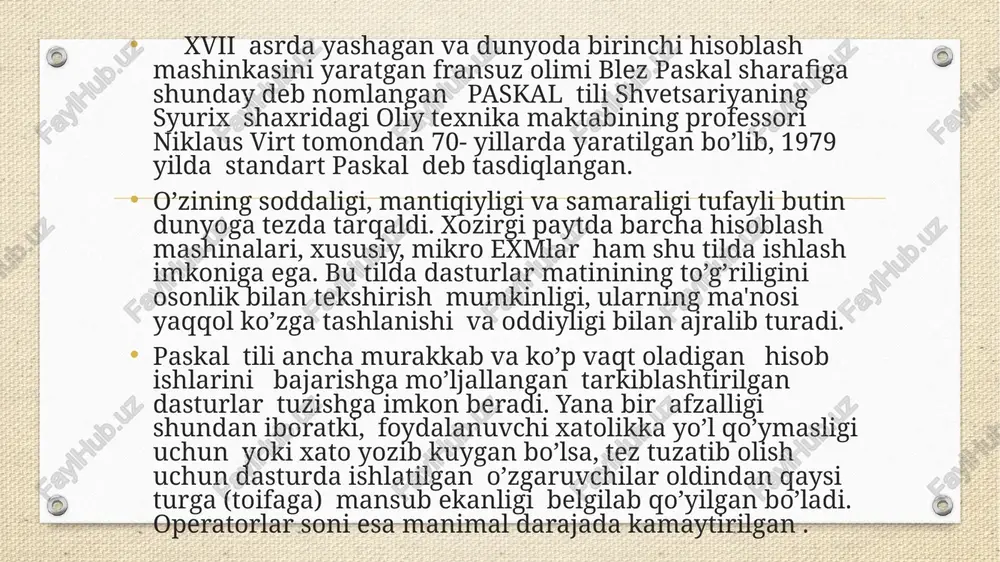 nteger—butun turidagi ma'lumotlar faqat butun sonlarni qabul kiladi. ular paskal tilida quydagicha ifodalanadi: 7, 10, 89 va x.k. real - xaqiqiy turdagi ma'lumotlar xaqiqiy sonlarni qabul qiladi va 2 xil ko’rinishda bo’ladi: a) qo’zg’almas nuqtali haqiqiy sonlar (3.56.0. 88.150.45) b) ko’zg’aluvchan nuqtali haqiqiy sonlar (0.546q 546e-3, 96.78*10 q96.78e2 va x k) char- belgi turidagi ma'lumotlar qiymat sifatida barcha belgilarni qabul qiladi. bu ma'lumotlar apostrop ichiga olib yoziladi. masalan (‘f,’’ a’,’r ,’’5,’’ 8’ va x. k.) boolean - mantiqiy turdagi ma'lumotlar. bu nom ingliz matematigi jorj bul sharafiga shunday deb ataladi va shu turdagi o’zgaruvchilar faqat 2 qiymat qabul qiladi true va false bu ma'lumotlar ustida solishtirish amallari (>, ). mantiqiy ko’paytirish and, mintiqiy qo’shish or va mantiqiy inkor qilish not amallarini bajarish mumkin. arifmetik ifodalar. arifmetik ifodalar o’zgaruvchilar, o’zgarmaslar, arifmetik amal belgilari va standart funktsiyalardan tashkil topadi. arifmetik ifodada qatnashayotgan amallar ustuvorligiga qarab bajariladi. amallar quydagi ustuvorlikka ega. 1. qavs …