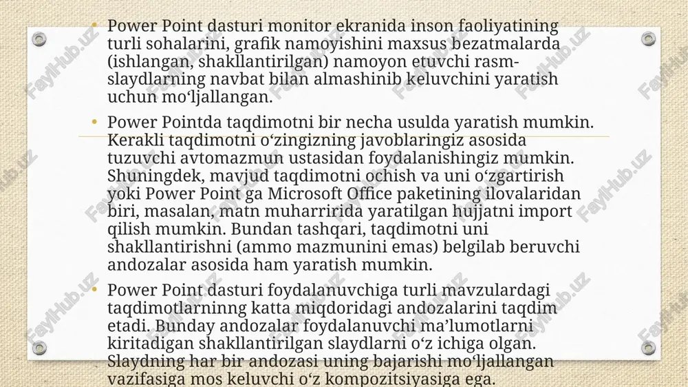 algan paytda o‘zgartirish mumkin. bu ishlarni bajargandan so‘ng ustaning keyingi muloqot darchasiga o‘ting va taqdimotning turini (1-rasm) tanlang. avtomatik ravishda taqdimot qilish – bu slaydlarni ma’ruzachining ishtirokisiz ko‘rsatishda mujassamlashtirilgan, axborotning tarqatish usulidir. masalan, taqdimotni ko‘rgazma yoki konferentsiya vaqtida firmaning stendida avtomatik ravishda ko‘rsatish uchun tayyorlash mumkin. boshqaruv vositalarining ko‘pchiligini foydalanuvchilar o‘zgartirishlar kirita olmasliklari uchun o‘ynab bo‘lmaydigan qilish mumkin. barcha harakatlar bajarib bo‘lingach, avtomatik taqdimot qaytadan ishga tushiriladi, qaysidir slayd ekranda 5 daqiqadan ortiq qolganda slaydlarni almashtirish paytida ham xuddi shunday harakatlar bajariladi agar taqdimot proektorda ko‘rsatish uchun tayyorlanayotgan bo‘lsa, ustaning xuddi shu muloqot darchasida materiallarni berilish shaklini: oq-qora yoki rangli shaffoflikda (tiniqlikda) ya’ni 35 mm slaydlarda berilishi kerakligini belgilash zarur. keyingi muloqot darchasida taqdimotning sarlavhasini va ostki ustun titulining (3-rasm) matnini kiritish lozim. bu firmaning nomi, qandaydir shior va hokazolar bo‘lishi mumkin. bu axborot taqdimotning titul slaydida joylashtiriladi. taqdimot ustida ishlashni tugatgach, fayl menyusidan saqlab qolinsin buyrug‘ini tanlang. taqdimotlar fayllariga …