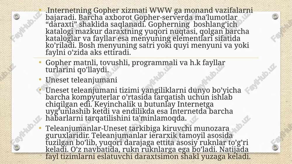 muxim axamiyat kasb etadi. internetda uchraydigan turli operatsion tizimlar o’rtasida ma'lumotlarni uzatishni ta'minlash uchun foydalanayotgan ko’rilmada mustaqil ishlaydigan ftr fayllarni uzatish protokoli qo’llaniladi. protokol 2 kompyuter o’rtasida fayllarni ko’chirishni ta'minlaydi. hamda internet tarmog’i mijoziga bir necha fayllarni olish imkoniyatini yaratadi. foydalanuvchi tarmoqqa ulangan kompyuterlar mavjud turli fayllar va programmalardan foydalanish imkoniyatiga ega bo’ladi. ushbu protokolni amalga oshiruvchi programma internetdagi ko’plab ftp serverlardan biri bilan aloqa o’rnatishga yo’l ochadi. 3. boshqa kompyuterlar bilan o’zaro aloqa (telnet) telnet boshqa kompyuter bilan aloqaga kirishni ta'minlaydi. telnet orqali aloqani o’rnatib, foydalanuvchi boshqa kompyuterda guyoki o’ziniki bilan ishlayotgandek ishlashi mumkin, ya'ni nazariy jixatdan barcha resurslarga ega bo’ladi. bu faqatgina ma'lumotlardan foydalanishi, ochiq bo’lgan holda bo’lishi mumkin. amalda telnet kirishni ochib beradi, ammo o’zaro aloqani tashkil etish chet kompyuter orqali belgilanadi. internet xizmatlarining ikki turi turli serverlarga telnet orqali bog’lanishni talab etadi, bo’lar kutubxona kataloglari va elektron e'lonlar doskasi (bbs). telnet programmasi foydalanishga juda qulay, uning …