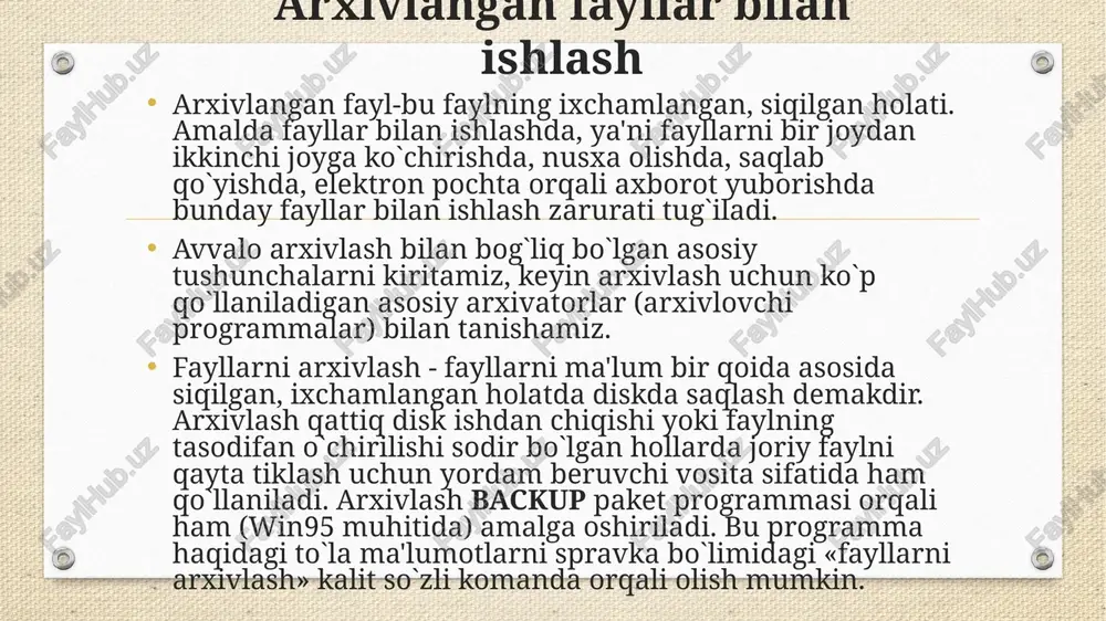 arxivlanuvchi fayllarda papkalar ko`p bo`lsa, ularni oldin bitta papkaga yig`ib olish ishni osonlashtiradi. elektron pochta va internet muhitida arxivlangan holdagi ma'lumotlarni almashish bir qator qulayliklar yaratadi. arxivlash jarayonida ayrim fayllar juda yaxshi ixchamlanishi, ba'zi hollarda arxivlash natijasida boshlang`ich fayl 10-20 baravar siqilishi ham mumkin. masalan, programma fayllariga nisbatan tekst va rasm fayllari ancha yaxshi ixchamlanadi. hozirgi kunda har xil arxivatorlar bir-biridan siqish darajasi, tezligi, foydalanishda qulayliklari, imkoniyat darajasi bo`yicha farq qiladi. foydalanuvchi har xil turdagi arxiv fayllarini kengaytmasi bo`yicha farqlaydi. siqish turi shu arxivning formati deyiladi. arxivlangan fayl arxivda qaysi fayllar borligini bildiruvchi sarlavhaga ega bo`ladi. arxiv sarlavhasida unda saqlanuvchi har bir fayl uchun quyidagi ma'lumotlar saqlanadi: - fayl nomi; - fayl saqlanuvchi katalog haqida ma'lumot; - faylning oxirgi marta qayta ishlangan sanasi va vaqti; - faylning diskdagi va arxivdagi o`lchami; - arxivning to`liqligini tekshirishda ishlatiladigan har bir faylning siklik tekshirish kodi. arxiv fayllar ham oddiy fayllar kabi nomlanadi va …