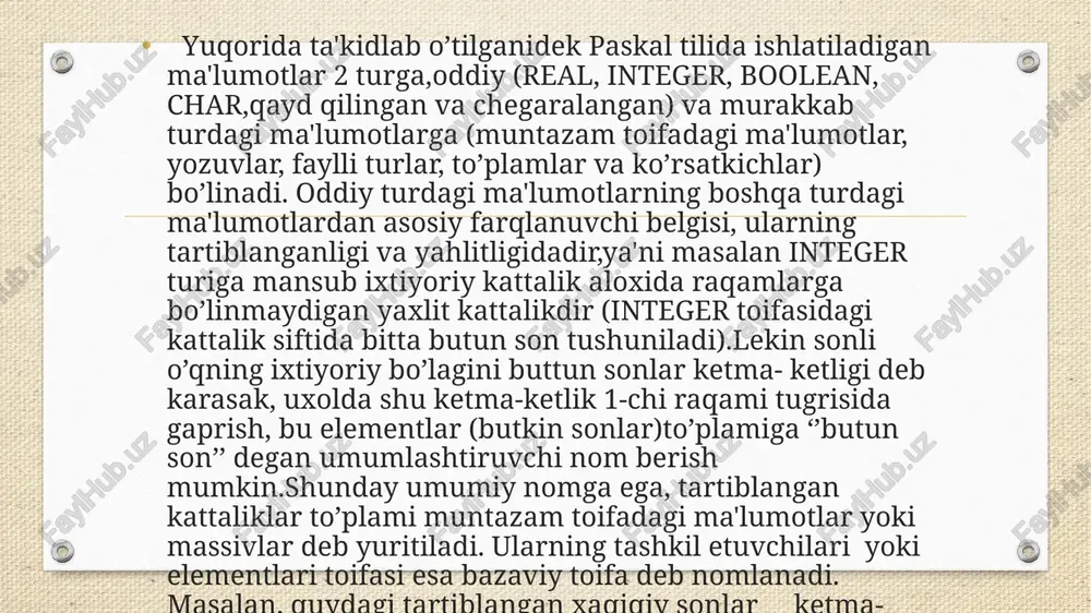 a(1) yoki a, umumiy holda esa a, bu erda iq1,2,3,...,n paskal tilida o’zgaruvchining indeksi to’rburchak kavslar ichiga olinib yoziladi, ya'ni a[1]q1.5, a[2]q14.7, a[3]q-5.0, a[4]q8.5, a[5]q0.45. agar dasturda massiv ishlatilayotgan bo’lsa, u xolda uni o’zgaruvchilar bo’limi var yoki toifalar bo’limi type da tavsiflash zarur, masalan var bo’limida massiv quyidagi ko’rinishda tavsiflanadi: var : array[ ] of bu erda -ixtiyoriy identifikator; array (massiv) vaof(-dan)- xizmatchi so’zlar; - indeksli ifoda,bu toifa qiymatlari massiv elementlarining sonini belgilaydi, shkning uchun bu toifa sifatida real va cheklanmagan integer toifasidan tashqari barcha oddiy toifalarini ishlatish mumkin, -massiv elementlarining toifasi bo’lib, bu toifa sifatida fayl va to’plam toifasidan boshqa barcha toifalarni ishlatish mumkin. yuqorida ko’rib utilgan a vektorini massiv ko’rinishda dasturda quyidagicha tavsivlash mumkin: var a:array [1..5] of real; indeks sifatida faqat aniq son emas,qiymati massiv elementining tartib raqamini belgilovchi ifoda ham ishlatilishi mumkin. masalan a[1q5] ,bg`i div (jq6)}, c {n1 jr n2] ,year {1988} va x.k. indeksli …