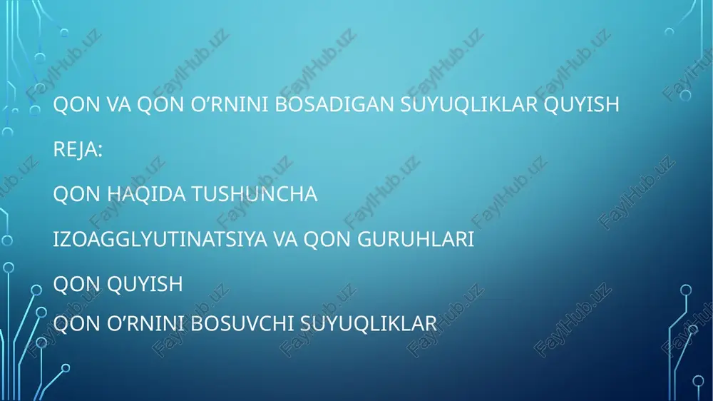 lan hosil qilish mumkin. klinikada yangi transfuzion taktikaga rioya qilish kerak. qon quyish o’rniga bemorga yetishmaydigan ma’lum bir faktor, qon derivatlarini quyish tavsiya qilinmoqda. bulardan eritrotsitlar, trombotsitlar, leykotsitlar niassalarini, plazma va uning oqsil fraksiyalarini ko’rsatib o’tish mumkin. transfuziologiya tarixi qon quyish tarixi boy solnomalarni o’z ichiga oladi va u asosan ikki davrga bo’linadi: izogemagglyutinatsiya fenomenini ochishgacha bo’lgan davr qon guruhlari va faktorlarini chuqur o’rganishdan keyingi davr kon kuyish tarixi 1492 y. rim papasi innokentiy viii ga birinchi marta odam qoni quyilgan. 1628 yilda u. garvey qon aylanish tizimini kashf etdi. 1666 yilda ingliz olimi r.louer xayvonlarga qon quyish natijalarini e'lon qildi. 1667 yilda frantsuz vrachlari j.b.deni i emerets qo'zichoq qonini bemorga quyishdi. 1820 yildaingliz ginekologi dj. blandel yaqinda ko'zi yorigan ayolga boshqa odamdan olingan qonni quydi •1919 yilda v.n.shamov qon guruxini to'g'ri aniqlab rossiyada birinchi marta qon quydi. 1926 yilda jaxonda birinchi bo'lib qon quyish instituti ochildi. 1929 yilda v.n. …