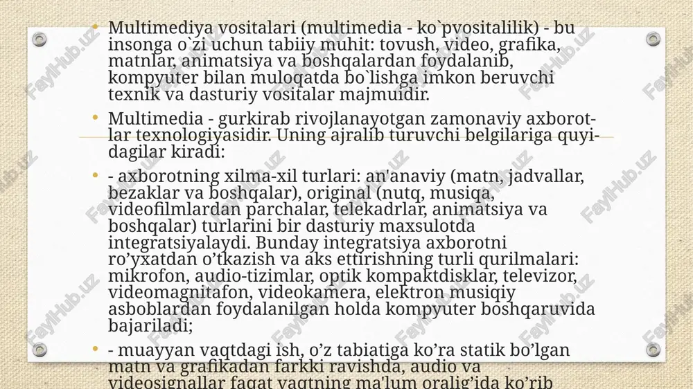 ozirgi kunning dolzarb masalalaridandir. multimedia tushunchasi 90-yillar boshida xayotimizga kirib keldi. uning o’zi nima degan savol tug’iladi? ko’pgina mutaxassislar bu atamani turlicha taxlil qilishmoqda. bizning fikrimizcha, multimedia - bu infor-matikaning dasturiy va texnikaviy vositalari asosida audio, video, matn, grafika va animatsiya (ob'ektlarining fazodagi harakati) effektlari asosida o’quv materiallarini uquvchilarga etkazib berishning mujassamlangan holdagi ko’rinishidir. rivojlangan mamlakatlarda uqitishning bu usuli, xozirgi kunda ta'lim soxasi yo’nalishlari bo’yicha tatbik, qilinmoqda. xatto, har bir oila multimedia vositalarisiz hordiq, chiqarmaydigan bo’lib qoldi. multimedia vositalarining 1981 yildagi yalpi oboroti 4 mlrd. aqsh dollarini tashkil qilgan bo’lsa, 1994 yili esa 16 mlrd. aqsh dollarini tashkil qildi. x,ozirgi kunda esa sotilayotgan har bir komp'yuterni multimedia vosi­talarisiz tasavvur qilib bo’lmaydi. kompyuterlarning 70-yillarda ta'lim soxasida keng qo’llash yo’lida urinishlar zoe ketganligi, avvalombor, ular unumdorligining nihoyatda pastligi bilan bog’liq edi. amaliyot shuni ko’rsatmoqdaki, multimedia ' vositalari asosida o’quvchilarni o’qitish ikki barobar unumli-dir va vaqtdan yutish mumkin. multimedia vositalari asosida bilim olishda …