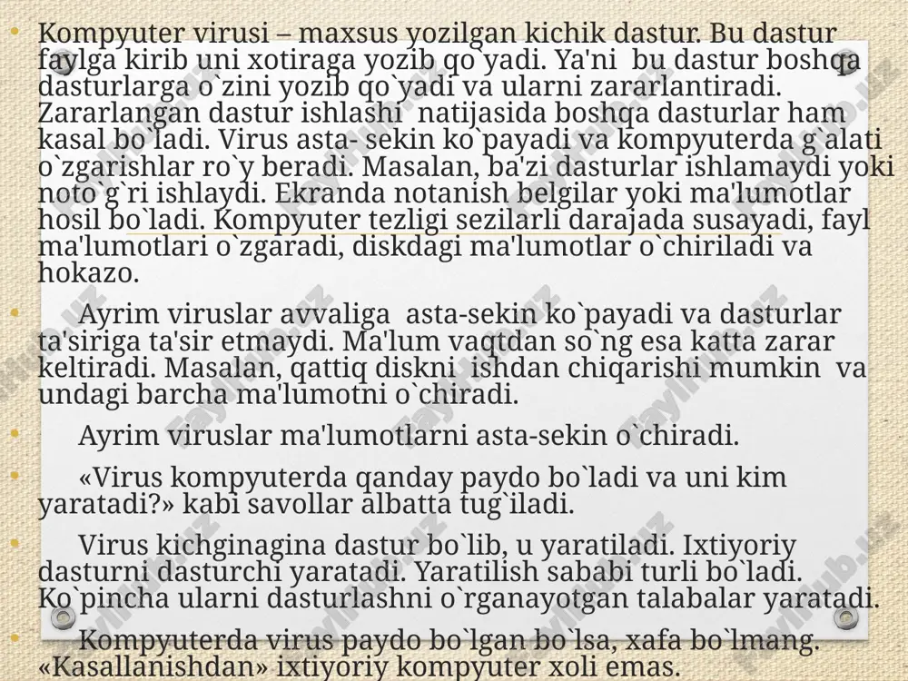 chaqiruluvchi faylni zararlantirgan bo`lsa, u qattiq diskdan ot yuklagandan o`z ishini qayta boshlaydi. operatsion tizim (ot) yuklovchisini shikastlovchi viruslar butli virus deb ataladi va ot yuklanganda ishini boshlaydi va kompyuter xotirasida qoladi. qurilma drayverlarini shikastlovchi viruslar kamdan-kam uchraydi. viruslarni aniqlash va davolash usullari viruslarni aniqlovchi va davolovchi turli dasturlar mavjud. aidstest dastursi dedaktor –dastur bo`lib, u d.n.lozinskiy maxsulidir. bu dastur xozirgi kunda 1200 ga yaqin virusni aniqlaydi va davolaydi. afsuski bu dastur faqatgina o`ziga ma'lum dasturni aniqlaydi. dedaktor–dasturlarning asosiy kamchiligi – noma'lum viruslarni aniqlay olmasligidir. shunday bo`lsa, aidstest dastursi keng tarqalgan. shuning uchun undan foydalanish tartiblarini keltiramiz. programma formati aidstest.exe {path} {options} bunda: path – disk, fayl yoki fayllar guruuini belgilaydi: options – quyidagi komandalarning ixtiyoriy majmui: g`f – kasallangan dasturlarni davolaydi va tiklash mumkin bo`lmagan, dasturlarni o`chiradi. viruslarni aniqlash va davolash usullari viruslarni aniqlovchi va davolovchi turli dasturlar mavjud. aidstest dastursi dedaktor –dastur bo`lib, u d.n.lozinskiy maxsulidir. bu dastur …