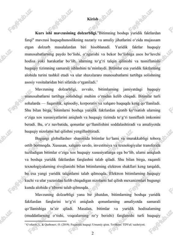 uv sharoitida bitimlar ko‘lami va murakkabligi tobora ortib bormoqda. xususan, xalqaro savdo, investitsiya va texnologiyalar transferida tuziladigan bitimlar o‘ziga xos huquqiy xususiyatlarga ega bo‘lib, ularni aniqlash va boshqa yuridik faktlardan farqlashni talab qiladi. shu bilan birga, raqamli texnologiyalarning rivojlanishi bilan bitimlarning elektron shakllari keng tarqaldi, bu esa yangi yuridik talqinlarni talab qilmoqda. elektron bitimlarning huquqiy kuchi va ular yuzasidan kelib chiqadigan nizolarni hal qilish mexanizmlari bugungi kunda alohida e’tiborni talab qilmoqda. mavzuning dolzarbligi yana bir jihatdan, bitimlarning boshqa yuridik faktlardan farqlarini to‘g‘ri aniqlash qonunlarning amaliyotda samarali qo‘llanishiga ta’sir qiladi. masalan, bitimlar va yuridik hodisalarning (muddatlarning o‘tishi, voqealarning ro‘y berishi) farqlanishi turli huquqiy munosabatlarda maqsadga muvofiq yondashuvni ta’minlaydi. shuningdek, bitimlarning xususiyatlarini chuqurroq o‘rganish orqali shartnomalar tuzish va ularni amalga oshirish jarayonidagi huquqiy tavakkalchiliklar kamaytiriladi. o‘zbekiston respublikasi qonunchiligi doirasida bitimlarni tartibga solish, ularning shakllari, mazmuni va yuridik kuchi borasida o‘ziga xos me’yorlar mavjud. bu mavzuni o‘rganish orqali milliy qonunchilikni xalqaro standartlarga moslashtirish, …