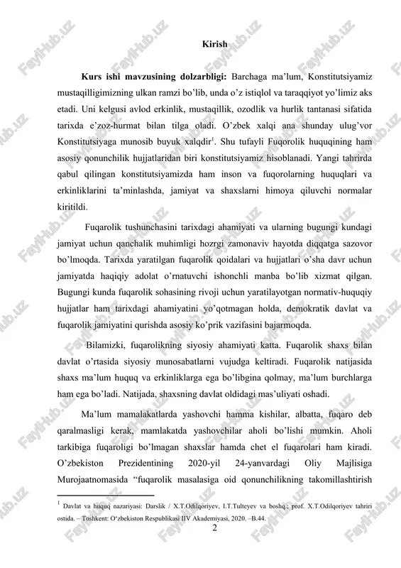 jatlar ham tarixdagi ahamiyatini yo’qotmagan holda, demokratik davlat va fuqarolik jamiyatini qurishda asosiy ko’prik vazifasini bajarmoqda. bilamizki, fuqarolikning siyosiy ahamiyati katta. fuqarolik shaxs bilan davlat o’rtasida siyosiy munosabatlarni vujudga keltiradi. fuqarolik natijasida shaxs ma’lum huquq va erkinliklarga ega bo’libgina qolmay, ma’lum burchlarga ham ega bo’ladi. natijada, shaxsning davlat oldidagi mas’uliyati oshadi. ma’lum mamalakatlarda yashovchi hamma kishilar, albatta, fuqaro deb qaralmasligi kerak, mamlakatda yashovchilar aholi bo’lishi mumkin. aholi tarkibiga fuqaroligi bo’lmagan shaxslar hamda chet el fuqarolari ham kiradi. o’zbekiston prezidentining 2020-yil 24-yanvardagi oliy majlisiga murojaatnomasida “fuqarolik masalasiga oid qonunchilikning takomillashtirish orqali inson huquqlarini ta’minlash borasida navbatdagi muhim qadam qo’yish zarurligini hayotning o’zi taqazo etmoqda” deb qayd qildi va 2020-yil 13-martda “o’zbekiston respublikasining fuqaroligi to’g’risida “gi qonun qabul qilindi. fuqarolik huquqi – bu jismoniy va yuridik shaxslar o'rtasidagi shaxsiy-mulkiy va shaxsiy-joysiz huquqiy munosabatlarni tartibga soluvchi huquq sohasidir. fuqarolik huquqining obyekti – bu huquqiy munosabatlarning maqsadi bo'lgan moddiy va ma'naviy narsalar. ishlar va …