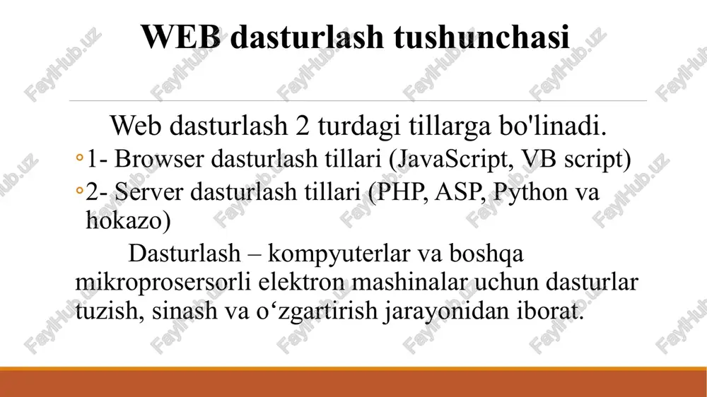 sichqoncha yordamida ko’rsatish, masalan, ajratilgan matnning mavzusiga mos ravishda shu hujjatning boshqa qismiga, shu kompyuterdagi boshqa hujjatga yoki internetra ulangan boshqa istalgan kompyuterdagi hujjatga avtomatik ravishda o’tish imkonini beradi. web sahifalar odatda httm hujjat, ya’ni html (hyper text markup language - gipermatnni belgilash tili) tilida yozilgan hujjat sifatida tayyorlanadi. webning eng asosiy hususiyatlaridan biri unda turli ob’ektlarga (matn, video, grafik) gipermurojaatning mavjudligidir. matnlarda kalit so’zlar deb ataluvchi so’zlar orqali dunyoning ixtiyoriy burchagida internet doirasida joylashgan ma’lumotlarga murojjat qilish va u orqali ma’lumotlarni topish gipermurojaat deb ataladi. ajratilgan so’z va frazalar – gipermatn aloqalari qisqacha giperaloqalar deb yuritiladi. internetda ma'lumotlar web sahifalar ko’rinishida tasvirlanadi. web sahifalarni ko’rish vositalariga “brauzerlar” deyiladi. web sahifa - internet uchun maxsus hujjat fayli bo‘lib, u html (huper text marker language - gipermatnlarni ajratadigan til) asosida yaratiladi. html html - bu oddiy text fayl bo'lib, .html qisqartmasiga ega. html sahifani yaratish uchun mahsus dastur shart emas. matin …