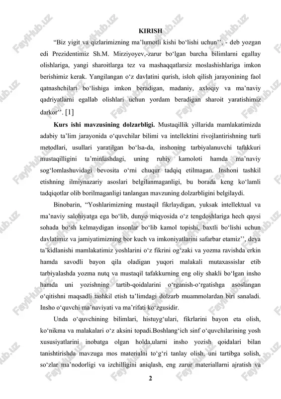 g‘zaki va yozma ravishda erkin hamda savodli bayon qila oladigan yuqori malakali mutaxassislar etib tarbiyalashda yozma nutq va mustaqil tafakkurning eng oliy shakli bo‘lgan insho hamda uni yozishning tartib-qoidalarini o‘rganish-o‘rgatishga asoslangan o‘qitishni maqsadli tashkil etish ta’limdagi dolzarb muammolardan biri sanaladi. insho o‘quvchi ma’naviyati va ma’rifati ko‘zgusidir. unda o‘quvchining bilimlari, histuyg‘ulari, fikrlarini bayon eta olish, ko‘nikma va malakalari o‘z aksini topadi.boshlang‘ich sinf o‘quvchilarining yosh xususiyatlarini inobatga olgan holda,ularni insho yozish qoidalari bilan tanishtirishda mavzuga mos materialni to‘g‘ri tanlay olish, uni tartibga solish, so‘zlar ma’nodorligi va izchilligini aniqlash, eng zarur materiallarni ajratish va eng,avvalo, mavzuni to‘liq yoritib beraoladigan reja tuzishga o‘rgatish lozim. bunda o‘qituvchi insho yozish jarayonida o‘quvchini juda qattiq nazoratga olmasligi, aksincha,unga qulay shart-sharoit yaratib berishi lozim. [1,2] agar u qanchalik o‘quvchini qattiq nazoratga olsa, o‘quvchida aqliy faoliyatni ishlatib ijod qilish o‘rniga, nimadandur yoki kimdandur ko‘chirish istagi paydo bo‘laveradi. kurs ishining maqsadi: boshlang‘ich sinf o‘quvchilarini bayon yozishga o‘rgatishning samarali metodlarini ilmiy-nazariy …