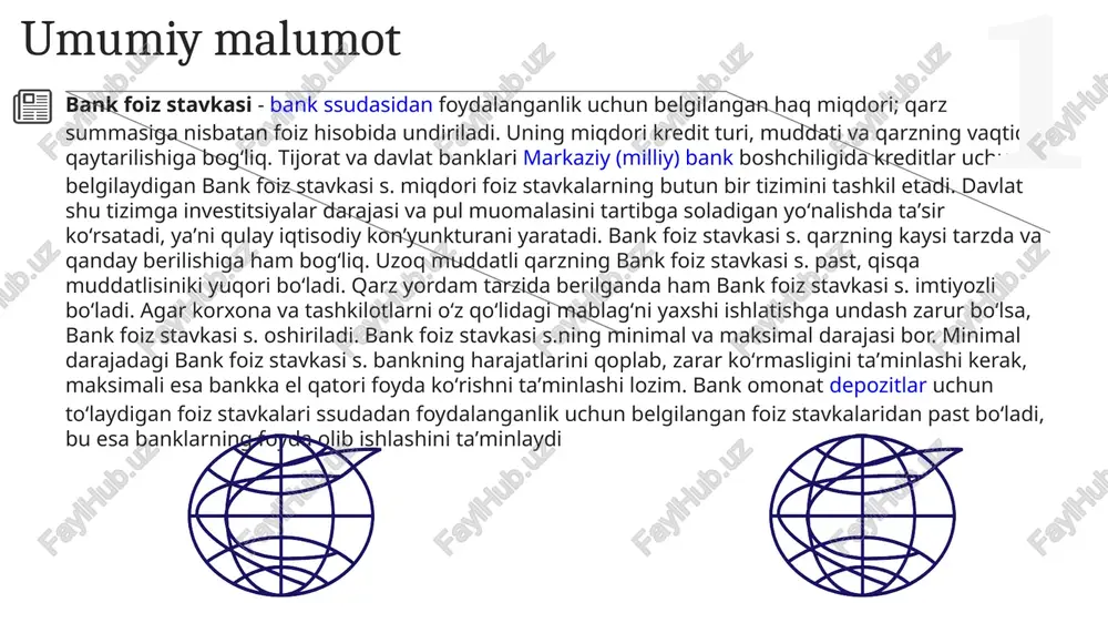 odatda yillik asosda apr qisqartmasi ostida paydo bo'ladi. u shunchaki yillik foiz stavkasi sifatida kengayadi. foiz stavkalarining turlari oddiy foiz stavkasi: uning hisob-kitobi asosiy qarz miqdoriga foiz stavkasi va vaqtga ko'paytiriladi. murakkab foiz stavkasi: oddiy foizdan farqli o'laroq, uni hisoblash p x [(1 + foiz stavkasi) sifatida olinadi.n − 1], bu erda p asosiy miqdorni, n esa birikma davrlari sonini bildiradi. 2 2017 presentation template company address goes here kreditning asosiy sharti olingan qarz uchun haq to’lash. bu haq olingan qarz yig’indisiga nisbatan foiz hisobida olinganidan uni qarz foizi yoki kreditning foiz stavkasi deb yuritiladi. boshqacha qilib aytganda, kreditning foiz stavkasi berilayotgan kreditga nisbatan foizda belgilanib, kreditning narxini ifoda etadi. kredit narxi, odatda, bir yil uchun belgilanadi. foiz stavkasining o’sishi kreditning qimmatlashuvini, pasayishi esa uning arzonlashganini ifodalaydi. «arzon pullar siyosati» yoki «qimmat pullar siyosati» kabi iboralarning istemolga kirib kelishi ham kreditning qimmatlashuvi yoki arzonlashishidan kelib chiqqan. kredit foizi pul bozorida …
