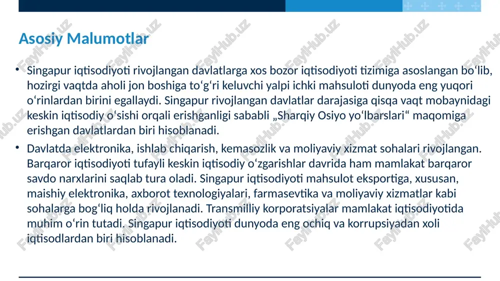 bga solish vakolatini beradi. moliya tizimi singapurda moliyaviy tizim yuqori darajada rivojlangan va samarali ishlaydigan tizimdir. singapur global miqyosda raqobatbardosh iqtisodiyotga ega davlat sifatida tanilgan va uning moliyaviy sektori bu muvaffaqiyatning muhim qismidir. singapur moliyasi shaffoflik, muntazamlik va samaradorlik tamoyillariga asoslanadi. soliq tizimi daromad solig'i, yuridik shaxslar solig'i, qqs kabi turli soliqlarni o'z ichiga oladi. bundan tashqari, singapur past soliq stavkalari va turli imtiyozlar bilan investorlar va korxonalarni jalb qiladi. singapur moliya organlari moliyaviy jinoyatlarning oldini olish va soliq to'lashdan bo'yin tovlash bilan kurashish uchun qattiq nazoratni amalga oshiradi. bundan tashqari, moliya bozorlarini tartibga solish va barqarorlashtirish ham muhim e'tibordan iborat. singapur moliya tizimi mamlakatning iqtisodiy o'sishiga hissa qo'shadigan samarali vositadir. ushbu tizim investorlar va biznes uchun xavfsiz biznes muhitini ta'minlaydi va iqtisodiy rivojlanishni qo'llab-quvvatlaydi. bu shunchaki umumiy ma'lumot va singapur moliya tizimi haqida batafsil ma'lumot olish uchun singapur moliya organlari yoki tegishli manbalarni to'g'ridan-to'g'ri tekshirish tavsiya etiladi. asosiy malumotlar …