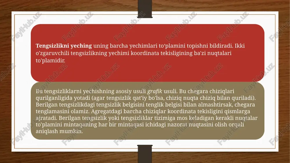 lib, bu erda x va y o'zgaruvchilar, a, b va c ba'zi sonlardir. agar ikkita o'zgaruvchili chiziqli tengsizlikda tengsizlik belgisi tenglik belgisi bilan almashtirilsa, chiziqli tenglama olinadi. a yoki b nolga teng bo'lmagan ax + by = c chiziqli tenglamaning grafigi to'g'ri chiziqdir. u koordinata tekisligining unga tegishli bo'lmagan nuqtalar to'plamini ochiq yarim tekisliklarni ifodalovchi ikkita mintaqaga ajratadi. misollar yordamida ikkita o'zgaruvchili tengsizlikning yechimlari to'plami koordinata tekisligida qanday tasvirlanganligini ko'rib chiqamiz. 1-misol 2y+3x≤6 tengsizlikning yechimlar to‘plamini koordinata tekisligida tasvirlaymiz. biz 2y + 3x \u003d 6, y \u003d 3-1,5x to'g'ri chiziq quramiz. chiziq koordinata tekisligining barcha nuqtalari to'plamini ostidagi nuqtalarga va uning ustidagi nuqtalarga ajratadi. har bir sohadan nazorat nuqtasini olaylik: a(1;1), b(1;3). a nuqtaning koordinatalari bu tengsizlikni qanoatlantiradi 2y+3x≤6, 2 1+3 1≤6, 5≤6 b nuqtaning koordinatalari bu tengsizlikni qanoatlantirmaydi 2y+3x≤6, 2·3+3·1≤6. bu tengsizlikni a nuqta joylashgan maydon nuqtalari to'plami qanoatlantiriladi.keling, bu maydonni soya qilaylik. biz 2y+3x≤6 tengsizlikning yechimlari to‘plamini tasvirladik. …