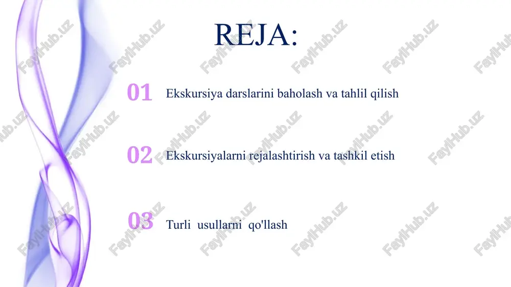 a bo‘yicha bilim darajalarini 20% ga oshirganlar. ekskursiyalarni rejalashtirish va tayyorlash ekskursiya davomida 5 ta turli xil o'quv faoliyatlarini (rasm chizish, fotosuratga olish, kuzatuvlar yozish, ma'ruza tinglash, viktorina) o'tkazish va har bir faoliyat uchun 45 daqiqa vaqt ajratish rejalashtirilgan. ekskursiya uchun 2-3 hafta oldin samarqand va buxoro shaharlaridagi muzey va madaniy meros obyektlariga oldindan yozuv qilish va transportni (2 ta avtobus) bron qilish kerak. interaktiv usullar va o'yinlar farg'ona vodiysidagi tabiatni o'rganish uchun 3 bosqichli kvest o'yini, 20 ta savol va 15 ta topshiriqdan iborat bo'lib, o'quvchilarning faol ishtirokini ta'minlaydi. samarqanddagi tarixiy joylarni o'rganishda 5 ta turli interaktiv o'yinlardan foydalanib, 10 nafar o'quvchining bilimlarini 20% ga oshirish mumkin. muzeylar va tarixiy joylarni o'rganish buxoro shahridagi poi kalyan majmuasini o'rganishda, 11-16-asrlarga oid arxitektura uslublari va 2 ta minora – kalyan minora va poy kalyan masjidining o'ziga xos xususiyatlarini taqqoslash orqali, tarixiy davrlarni solishtirish imkoniyati yaratiladi. samarqanddagi registon maydoniga ekskursiya davomida, 15-asr …
