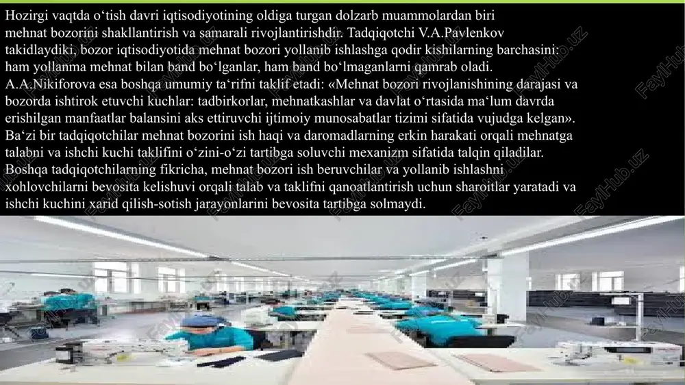 at bozori faoliyat ko‘rsatishining quyidagi asosiy tamoyillarini to‘liq amalga tatbiq etgan holda, mazkur bozorning shakllanishiga samarali ta‘sir ko‘rsatadi: 1.ishchi kuchining erkin taklifi. bu mehnatga layoqatli aholining ish bilan band bo‘lish va bo‘lmaslikni ixtiyoriy tanlashini, mehnat qonunlari tomonidan taqiqlanmaydigan va har bir xodimning shaxsiy va jamoa manfaatlarini hisobga oluvchi kasb va faoliyatturini erkin tanlash uchun sharoitlar mavjudligini anglatadi; 2.ish beruvchilarning ishchi kuchiga mustaqil talabi. bozor iqtisodiyoti xodimlarni barcha ish beruvchilar tomonidan o‘zbekiston respublikasi konstitutsiyasi va mehnat kodeksi amal qilgan holda, ishga er-erkin yollashlari va ishdan bo‘shatishlari, hamda, bandlik, mehnat sharoitlari va unga haq to‘lashni kafolatlash bilan fuqarolarning manfaatlarini himoya qilishlari uchun imkoniyatlar yaratadi; 3.yollanma xodimlarni ish beruvchilardan huquqiy va ijtimoiy himoya qilinganligi; 4.ish haqi va boshqa qonuniy daromadlar chegarasini o‘zbekiston respublikasi konstitutsiyasida belgilangan «kun kechirish uchun zarur miqdordan kam bo‘lmaslik»ka rioya qilgan holda erkin belgilash. o‘zbekiston sharoitida mehnat bozorining samarali shakllanishiga to‘siq bo‘ladigan bir qator quyidagi cheklovlar ham mavjud:-mehnatni qo‘llashning noqishloq …