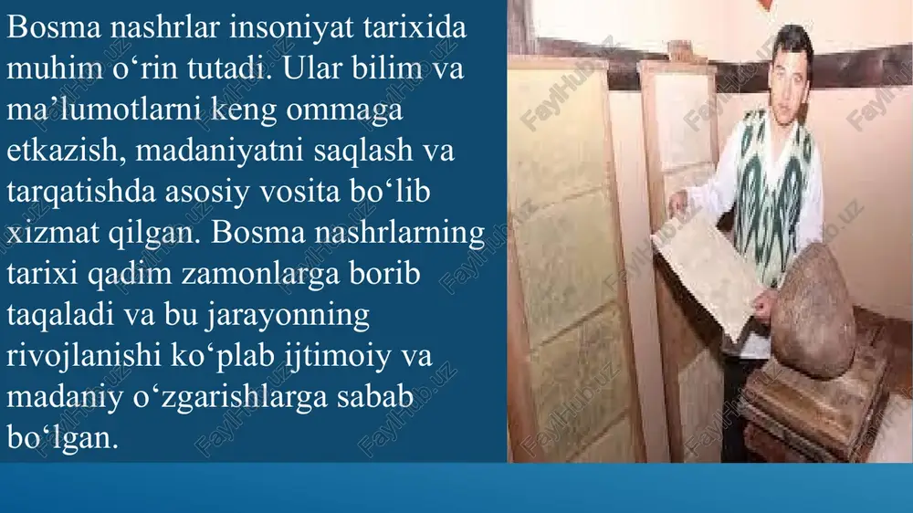 arqatishda, balki ijtimoiy o‘zgarishlarda ham muhim rol o‘ynadi. ular renessans va reformatsiya davrlarida ilm-fan va san’atning rivojlanishiga yordam berdi. bosma nashrlar orqali odamlar yangi g‘oyalar, ilmiy kashfiyotlar va madaniy qadriyatlar bilan tanishdilar. martin luterning "95 tezisi" bosma nashr sifatida tarqatilganda, bu katolik cherkovining kuchini pasaytirishga va protestant harakatining rivojlanishiga olib keldi. ushbu nashr, din va ijtimoiy hayotdagi o‘zgarishlarga sabab bo‘lishi bilan birga, odamlarni o‘z fikrlarini ifoda etishga undadi. ilm-fan va bosma nashrlar bosma nashrlar ilmiy ma’lumotlarni tarqatishda ham muhim ahamiyatga ega bo‘ldi. 16-asrda evropada ilmiy asarlar, masalan, nikolaus kopernik va galiley galiley kabi olimlarning ishlarini bosma nashrda chiqarish, ilm-fan sohasida yangi bir davrni boshlab berdi. bosma nashrlar orqali olimlar bir-birlari bilan o‘z fikrlarini almashish imkoniyatiga ega bo‘ldilar, bu esa ilmiy rivojlanishni tezlashtirdi. galiley galiley o‘z asarlarini bosma nashrda chiqarishda juda muhim rol o‘ynadi. uning "dialogo sopra i due massimi sistemi del mondo" (dunyo tizimlari haqidagi dialog) asari ilm-fan va falsafaning …