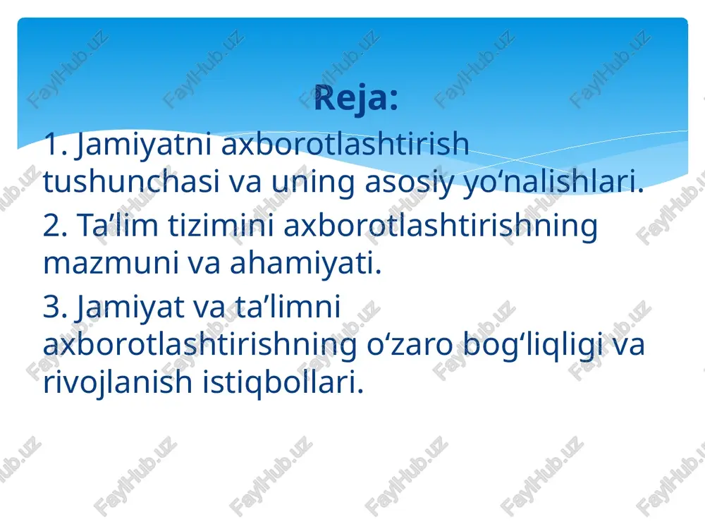 bu o‘quv-tarbiya jarayoniga zamonaviy axborot-kommunikatsiya texnologiyalarini (akt) joriy etish, ta’lim jarayonini raqamlashtirish va o‘qitish samaradorligini oshirish jarayonidir. bu jarayon ta’limning sifatini yaxshilash, o‘quvchilarning mustaqil fikrlashini rivojlantirish va ularni zamonaviy jamiyat talablariga mos tayyorlashni maqsad qiladi. ta’limni axborotlashtirishning mazmuni: ta’lim jarayonini raqamlashtirish – darslarni kompyuter, planshet, interaktiv doska, onlayn platformalar orqali tashkil etish. elektron ta’lim resurslarini yaratish – elektron darsliklar, videodarslar, testlar, virtual laboratoriyalar va simulyatsiyalar ishlab chiqish. masofaviy ta’lim tizimini yo‘lga qo‘yish – internet orqali darslarni olib borish, ayniqsa, geografik jihatdan uzoq joylarda yashovchi o‘quvchilar uchun imkoniyat yaratish. o‘quv jarayonini boshqarish tizimlarini (lms) joriy etish – o‘qituvchi va talaba o‘rtasidagi muloqotni raqamli shaklda amalga oshirish. axborot madaniyatini shakllantirish – o‘quvchi va o‘qituvchilarda axborot bilan ishlash, uni tahlil qilish, saqlash va to‘g‘ri foydalanish ko‘nikmalarini rivojlantirish. 3. jamiyat va ta’limni axborotlashtirishning o‘zaro bog‘liqligi va rivojlanish istiqbollari jamiyat va ta’limni axborotlashtirish — bir-biri bilan chambarchas bog‘liq bo‘lgan, o‘zaro ta’sir etuvchi jarayonlardir. chunki ta’lim …