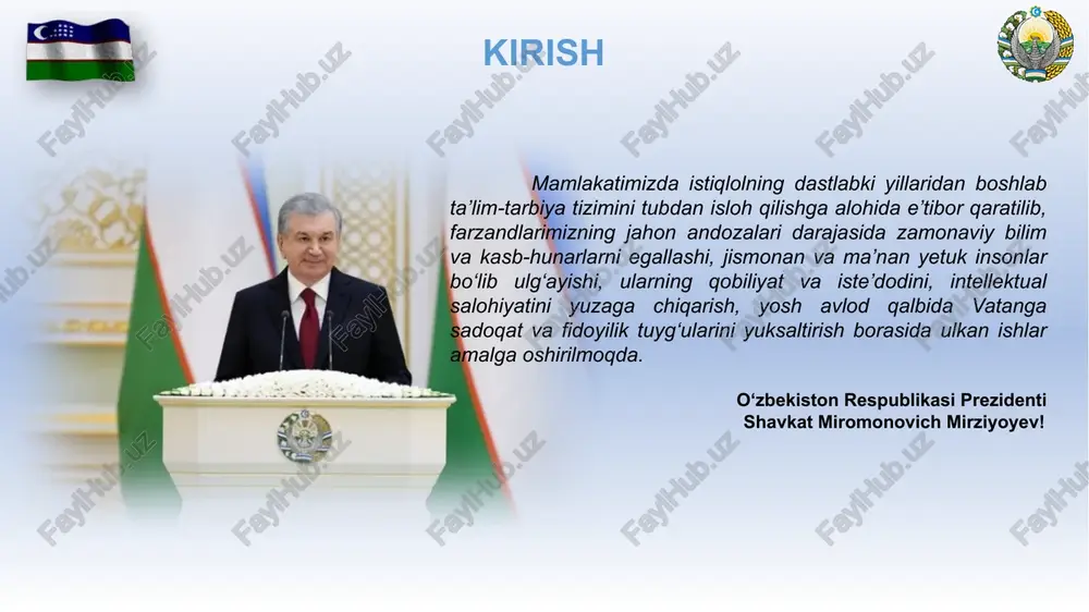 atni jar yoqasiga olib kelib qo‘ygan edi. g’oyat ulkan tabiiy, mineral-xomashyo va mehnat resurslariga, insoniy salohiyatga ega bo‘lishiga qaramay, respublikamiz sobiq sssrda aholi turmush darajasi, ijtimoiy va gumanitar sohalar rivoji bo‘yicha oxirgi o‘rinlardan birida turar edi. bunday sharoitda iqtisodiyotning halokatli ravishda inqirozga yuz tutishi va inflyatsiyaning o‘ta keskin darajada o‘sib ketishiga chek qo‘yish, shakllangan xo‘jalik, ishlab chiqarish va moliyaviy aloqalarning butunlay izdan chiqishiga barham berish, ishsizlikning yanada ortib ketishiga yo‘l qo‘ymaslik favqulodda muhim ahamiyat kasb etar edi. prezidentimiz islom karimov tomonidan ana shu holatlarning barchasi e’tiborga olinib, mustaqillikning ilk kunlaridan boshlab dunyo tajribasini har tomonlama o‘rganish asosida mamlakatimizda ijtimoiy yo‘naltirilgan bozor iqtisodiyotiga asoslangan ochiq demokratik davlat barpo etish dasturi ishlab chiqildi. unda milliy urf-odat va an’analarimizni asrab-avaylash va yanada mustahkamlash, umumbashariy qadriyatlarga hurmat bilan munosabatda bo‘lish orqali o‘zbekistonning jahon hamjamiyati bilan uyg’un va hamohang rivojlanishiga alohida e’tibor qaratildi. davlatimiz rahbari «o‘zbekistonning 16 yillik mustaqil taraqqiyot yo‘li» risolasida xalqimiz bosib o‘tgan …