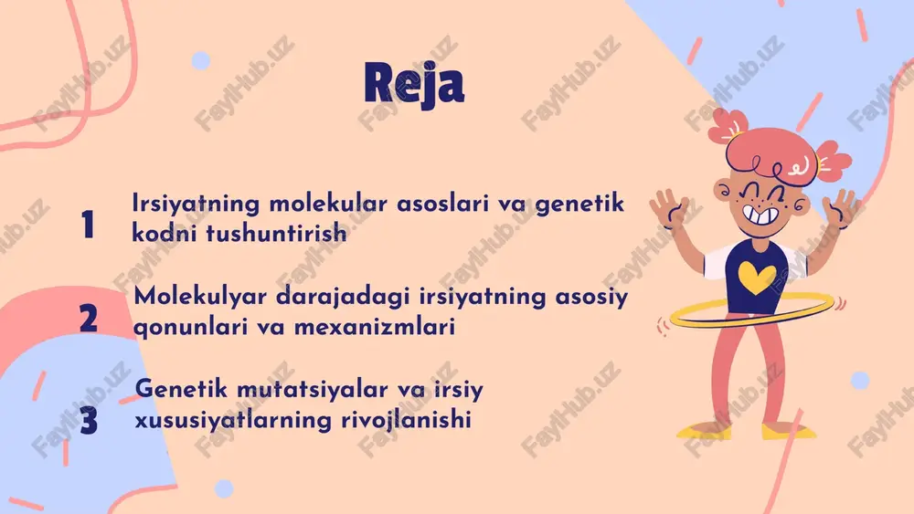 a rnk tahlili orqali genetika va kasalliklar aniqlanadi. genetik ma'lumotlarning o'tkazilishi genetik ma'lumotlarning o'tkazilishida uchta asosiy jarayon mavjud: replikatsiya, transkripsiya va tarjima. replikatsiyada dna o'z nusxasini yaratadi; transkripsiyada dna dan mrna hosil bo'ladi; tarjima esa mrna asosida oqsil sintezini amalga oshiradi. transkripsiya dna dan mrna ga o'tishni ta'minlaydi, bu jarayon yadroda yuzaga keladi. tarjima esa ribosomalar yordamida mrna dan oqsilga aylantiriladi. bu jarayonlar genetik kodning to'g'ri va samarali o'tishini ta'minlaydi. ushbu jarayonlar genetika ma'lumotlarning to'g'ri uzatilishini va genetik informatsiyaning barqarorligini ta'minlaydi. ular genlarning faolligi, regulyatsiyasi va molekulyar mexanizmlarini o'rganishda muhim rol o'ynaydi. genetik kod va mutatsiyalar genetik kod dnkdagi nukleotidlar ketma-ketligidan iborat bo'lib, u oqsil sintezini belgilaydi. mutatsiyalar esa bu kodda yuzaga keladigan o'zgarishlar bo'lib, genetik materialning strukturasi yoki funktsiyasiga ta'sir qiladi. mutatsiyalar turli shakllarda bo'lishi mumkin: punkt mutatsiyalar, bo'linmalar yoki yirik genetik o'zgarishlar. ular irsiyatga ta'sir qilishi mumkin va evolyutsiya jarayonida muhim rol o'ynaydi. biologik ahamiyati bo'yicha, mutatsiyalar yangi …