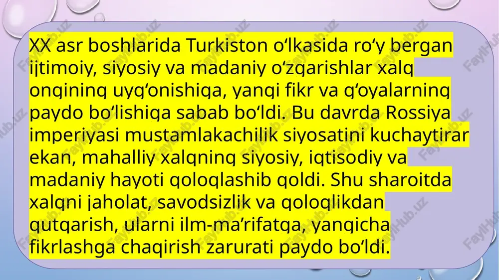 onov, cho‘lpon, fitrat, hamza hakimzoda niyoziy, abdurauf fitrat kabi ijodkorlar alohida o‘rin tutadilar. ularning asarlarida: xalqni ilmga, kasb-hunarga o‘rgatish; milliy g‘ururni oshirish; mustamlakachilik siyosatini tanqid qilish; ozodlik va taraqqiyot g‘oyalarini targ‘ib qilish kabi masalalar yoritilgan. ularning asarlarida: xalqni ilmga, kasb-hunarga o‘rgatish; milliy g‘ururni oshirish; mustamlakachilik siyosatini tanqid qilish; ozodlik va taraqqiyot g‘oyalarini targ‘ib qilish kabi masalalar yoritilgan. jadid adabiyoti shakl jihatidan ham yangilik olib keldi: yevropa adabiyotiga xos drama, hikoya, roman, maqola janrlari keng qo‘llanila boshlandi; matbuot – gazeta va jurnallar jadidlar uchun asosiy ma’rifat tarqatuvchi vositaga aylandi (masalan, “taraqqiy”, “sadoyi turkiston”, “hurriyat” va boshqalar); she’riyatda esa ma’rifatparvarlik, vatanparvarlik va ozodlik g‘oyalari ustunlik qildi. jadid adabiyotining tarixiy ahamiyati jadid adabiyoti o‘z davrining faqat badiiy harakati emas, balki milliy o‘zlikni anglash harakati edi. u xalqni uyg‘otdi, milliy g‘ururni tikladi, o‘zbek xalqini yangi davrga — mustaqillik sari yo‘naltirdi. jadid adabiyoti tufayli o‘zbek adabiyotida realizm, ma’rifatparvarlik va milliy uyg‘onish g‘oyalari mustahkam o‘rnashdi. xx …