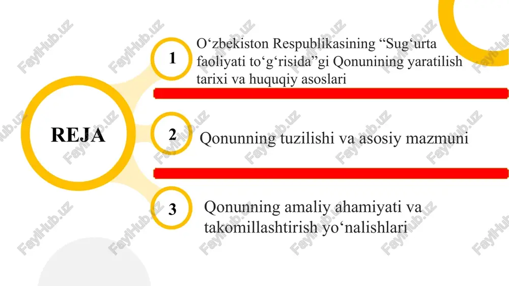 ti to‘g‘risida”gi qonun bir nechta bo‘limlardan iborat bo‘lib, ularning har biri sug‘urta tizimining muayyan jihatini yoritadi. unda sug‘urta faoliyatining asosiy tamoyillari, sug‘urta shartnomasi, sug‘urta turlari va zaxiralari haqida batafsil ma’lumot berilgan. qonunda shuningdek, sug‘urtalovchi va sug‘urtalanuvchilarning huquqlari va majburiyatlari, ularning o‘zaro mas’uliyati aniq belgilangan. har bir bo‘limda sug‘urta faoliyatida shaffoflik, ishonchlilik va raqobat muhitini ta’minlashga qaratilgan normalar mavjud. qonun nafaqat ichki bozorni tartibga soladi, balki xalqaro sug‘urta amaliyotiga ham moslashtirilgan. shu jihatdan u iqtisodiy barqarorlik va moliyaviy xavfsizlikni ta’minlashda muhim o‘rin tutadi. mazkur qonun sug‘urta faoliyatining huquqiy asoslarini belgilabgina qolmay, uning amaliy natijalarini ham ko‘rsatib berdi. bugungi kunda qonun asosida sug‘urta kompaniyalari barqaror faoliyat yuritmoqda va xizmat turlari kengaymoqda. shu bilan birga, qonunning ayrim bandlarini zamon talablariga moslashtirish zarurati ham mavjud. xususan, raqamli sug‘urta, onlayn xizmatlar va yangi risk turlarini tartibga soluvchi qo‘shimchalar talab etiladi. qonunning amaliy ahamiyati shundaki, u fuqarolar huquqlarini himoya qilishda, iqtisodiy barqarorlikni saqlashda muhim rol o‘ynaydi. …