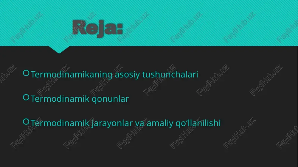 =δu+aq = \delta u + aq=δu+a bu yerda: qqq — sistemaga berilgan issiqlik, δu\delta uδu — ichki energiyaning o‘zgarishi, aaa — sistema bajargan ish. rasm/diagramma g‘oya: issiqlik → sistema → ish + energiyaning o‘zgarishi (energiya oqimi diagrammasi). energiyaning saqlanish qonuni termodinamikaning ikkinchi qonuni issiqlik har doim issiqqan sovuqqa o‘tadi, buning aksi o‘z-o‘zidan sodir bo‘lmaydi. har qanday haqiqiy jarayon tartibsizlikning ortishiga, ya’ni entropiya oshishiga olib keladi. bu qonun issiqlik mashinalarining samaradorligi chegaralanganligini tushuntiradi. asosiy tushuncha: δs≥0\delta s \ge 0δs≥0 issiqlikning yo‘nalishli oqimi va entropiya termodinamikaning uchinchi qonuni mutlaq nol harorat harorat mutlaq nolga (0 k0\,\text{k}0k) yaqinlashganda, sistema tartiblanadi. entropiya s→0s \to 0s→0 bo‘ladi. bu qonun sovitish texnologiyalarida va kvant fizikasi jarayonlarida muhim ahamiyatga ega. misol: hech bir jarayon orqali 0 k0\,\text{k}0k ga to‘liq yetish mumkin emas. suyuq geliy bilan ishlaydigan sovitkichlar shu printsip asosida ishlaydi. ideal gaz modeli gaz zarrachalari orasidagi o‘zaro ta’sirlar e’tiborga olinmaydi. zarrachalar hajmi juda kichik deb qaraladi. …