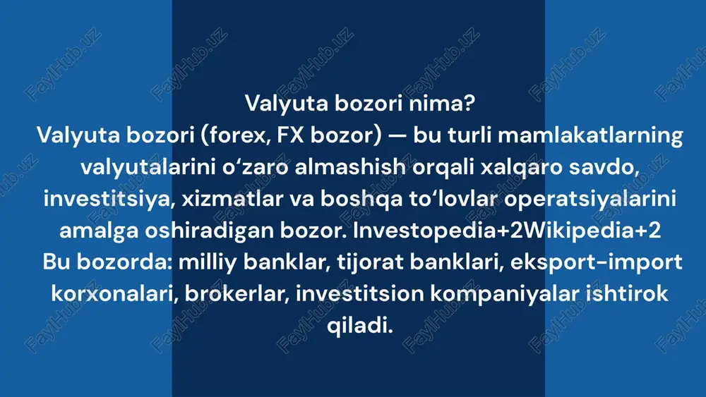 larni kamaytirish — valyuta kursi o‘zgarishi orqali narxlar darajasiga ta’sir bo‘lishi mumkin. valyuta operatsiyalari orqali moliyaviy tizim xavfsizligini oshirish — qora bozor, chet elga kapital chiqishi, valyuta evaziga noqonuniy operatsiyalar. xorijiy investitsiyalar va xalqaro savdoning qulayligini yaratish — ishonchli valyuta siyosati investorlarga ijobiy signal beradi. erkin suzuvchi kurs (floating rate) april valyuta siyosati turlari davlat yoki markaziy bank valyutani boshqa valyutaga (yoki valyutalar korzinaga) bog‘lab qo‘yadi va kursni ma’lum darajada ushlab turadi. bu barqarorlikni oshirishi mumkin, ammo spekulyatsiya va zaxira bosimini oshiradi. qattiq belgilangan kurs (fixed rate) aralash tizim (managed float) valyuta kursi asosan bozor talab va taklifi bilan belgilanadi, markaziy bank kamroq aralashadi. bu xolat bozor mexanizmini ko‘proq ishonchli qiladi, lekin tez tebranishlar xavfi bor. bozor mexanizmi ishlaydi, lekin markaziy bank ma’lum holatlarda aralashadi (intervensiya qiladi) kursni stabilizatsiya qilish uchun. bu eng ko‘p qo‘llanadigan tizimlardan biridir. artibga solishning vositalari bevosita (to‘g‘ridan-to‘g‘ri) vositalar valyuta intervensiyalari: markaziy bank bozorida chet el …