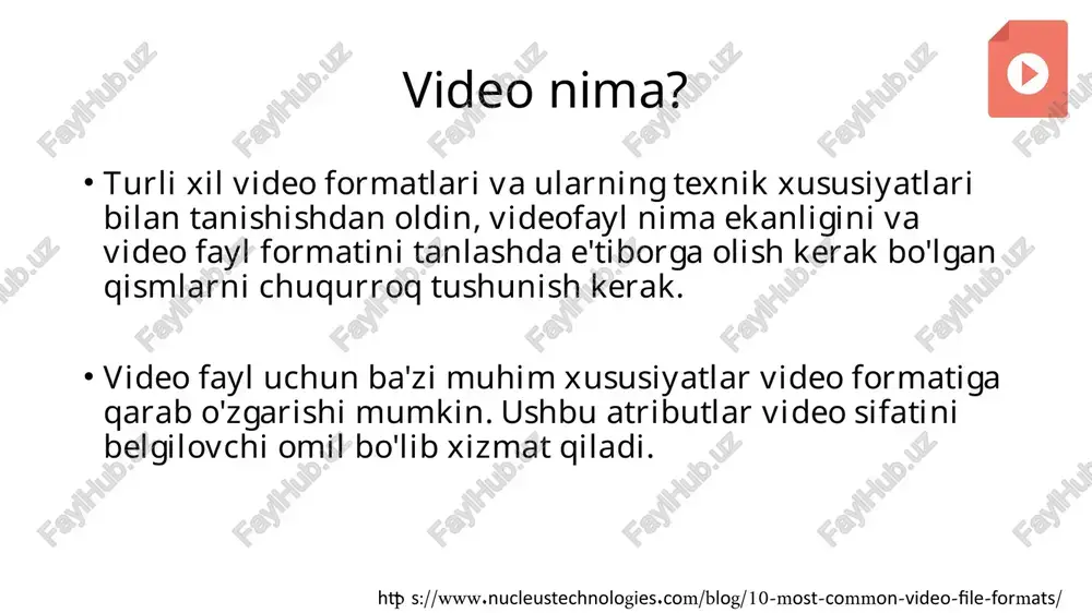 slowmotion 5k hdr real video 9 resolution video ekran o’lchami alohida video ramka ichidagi piksellar sonini anglatadi va u tasvirning ravshanligiga bevosita ta'sir qiladi. tez-tez uchraydigan o’lchamlarga 480p, 720p, 1080p va 4k kiradi. 720p video mobil qurilmada ko'rinishi ta'sirchan bo'lsa-da, 55 dyuymli kattaroq televizor ekranini to'ldirish uchun cho'zilganida u o'zining aniqligini yo'qotadi. shuning uchun displey o'lchami kengaygan sari piksellar sonining ahamiyati yanada aniqroq bo'ladi. 1 dyuym = 2.54cm 10 kodeklar va konteynerlar video fayl formatlari video formati nima? video formatlari raqamli qurilmalar yoki serverlarda video ma'lumotlarini saqlash usulini bildiradi. har bir video formatida ikkita asosiy komponent mavjud; kodek va konteyner. kodeklar kodek aslida qisqartma kompressor/dekompressor degan ma'noni anglatadi. video fayldagi barcha ma'lumotlar tasvirlar, audio, video va meta-ma'lumotlar bilan bog'liq ma'lumotlar kombinatsiyasi saralab, saqlashga yordam beruvchi vosita. video faylda saqlanadigan ma'lumotlar miqdori juda ko'p joy egallaydi va kodek har bir faylni joylashtirish uchun zarur bo'lgan saqlash hajmini kamaytirishga yordam beradi. saqlashda …