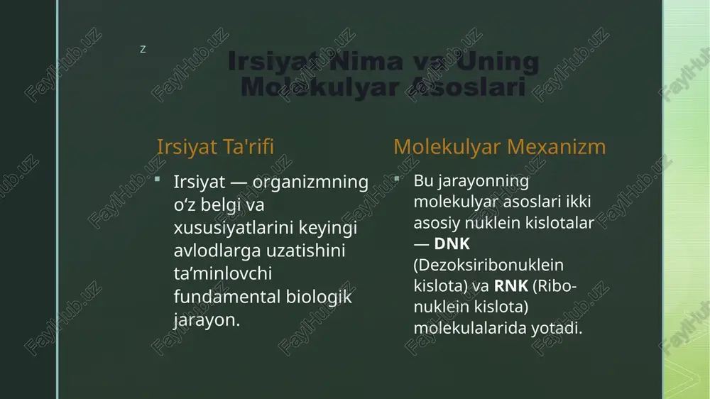 undagi kodonlar asosida aminokislotalar birikib, oqsil zanjiri hosil bo‘ladi. z genetik kod va uning xususiyatlari uchlik kodonlar genetik kod nukleotidlarning uchlik kombinatsiyasidan (kodon) iborat. har bir kodon bitta aminokislotani belgilaydi. universal xususiyat deyarli barcha tirik organizmlarda (bakteriyalardan insongacha) bir xil kodonlar bir xil aminokislotalarni kodlaydi. bu hayotning umumiy kelib chiqishini ko‘rsatadi. z xulosa: irsiyat molekulyar asoslari — hayot sirlari kaliti axborotning ishonchliligi dnk va rnk molekulalari orqali irsiy axborot yuqori aniqlik va ishonchlilik bilan avloddan-avlodga uzatiladi, bu hayotning davomiyligini ta'minlaydi. inqilobiy yutuqlar molekulyar genetika bo'yicha chuqur bilimlar tibbiyotda (gen terapiyasi), qishloq xo‘jaligida (yangi navlar yaratish) va biotexnologiyada ulkan yutuqlarga asos bo‘lmoqda. z e’tibotingiz uchun raxmat z image2.png image3.png /docprops/thumbnail.jpeg