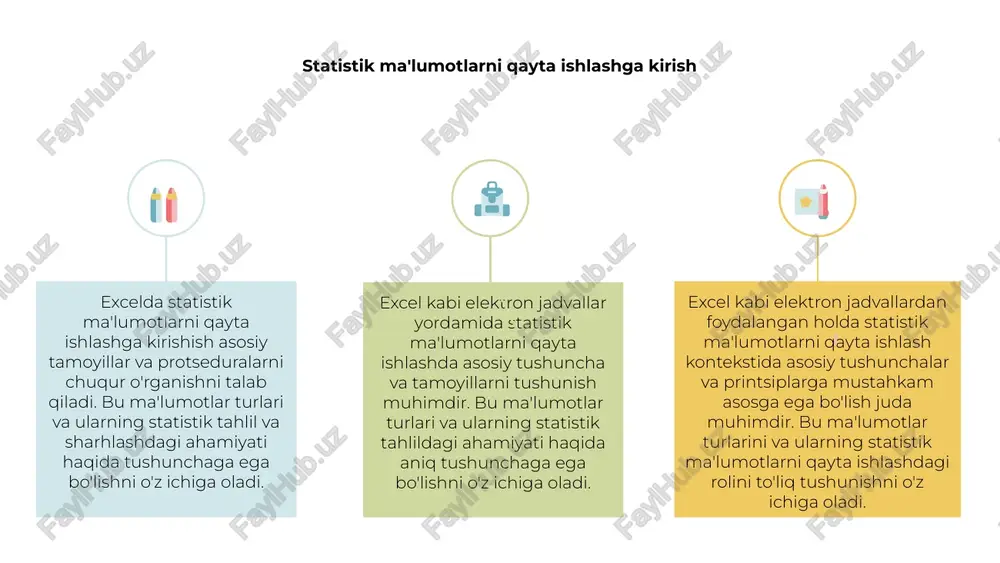 y tushunchalari excelda elektron jadvallar yordamida statistik ma'lumotlarni qayta ishlashda asosiy tushunchalar va ma'lumotlar turlarini tushunish muhimdir. ushbu tushunchalar ma'lumotlarni aniq va samarali qayta ishlash uchun asos bo'lib xizmat qiladi. 01 02 03 statistik ma'lumotlarni qayta ishlashning asosiy tushunchalari ma'lumotlarning mohiyatini va uning xususiyatlarini tushunishni o'z ichiga oladi. asosiy tushunchalarni o'rganib, mazmunli tushunchalar uchun ma'lumotlarni samarali talqin qilish va tahlil qilish mumkin. statistik ma'lumotlarni qayta ishlashning asosiy kontseptsiyalarini o'zlashtirib, ma'lumotlarni samarali boshqarish va manipulyatsiya qilish uchun excel kuchidan foydalanish mumkin, bu esa ongli qarorlar va yaxshilangan natijalarga olib keladi. statistik ma'lumotlarni qayta ishlashda ma'lumotlar turlari excel kabi elektron jadvallar yordamida statistik ma'lumotlarni qayta ishlashda ma'lumotlar turlari va ularning ahamiyati kabi asosiy tushunchalarni tushunish muhimdir. ma'lumotlar turlari statistik ma'lumotlarni qayta ishlashda hal qiluvchi rol o'ynaydi, chunki ular ma'lumotlar qanday talqin qilinishi va tahlil qilinishini belgilaydi. statistik ma'lumotlarni qayta ishlashda har xil turdagi ma'lumotlar, jumladan kategorik, raqamli va tartibli ma'lumotlar bilan ishlanadi. …