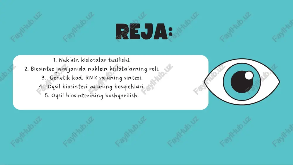 ishini boshqaradi. oqsil biosintezining boshqarilishi e’tiboringiz uchun raxmat