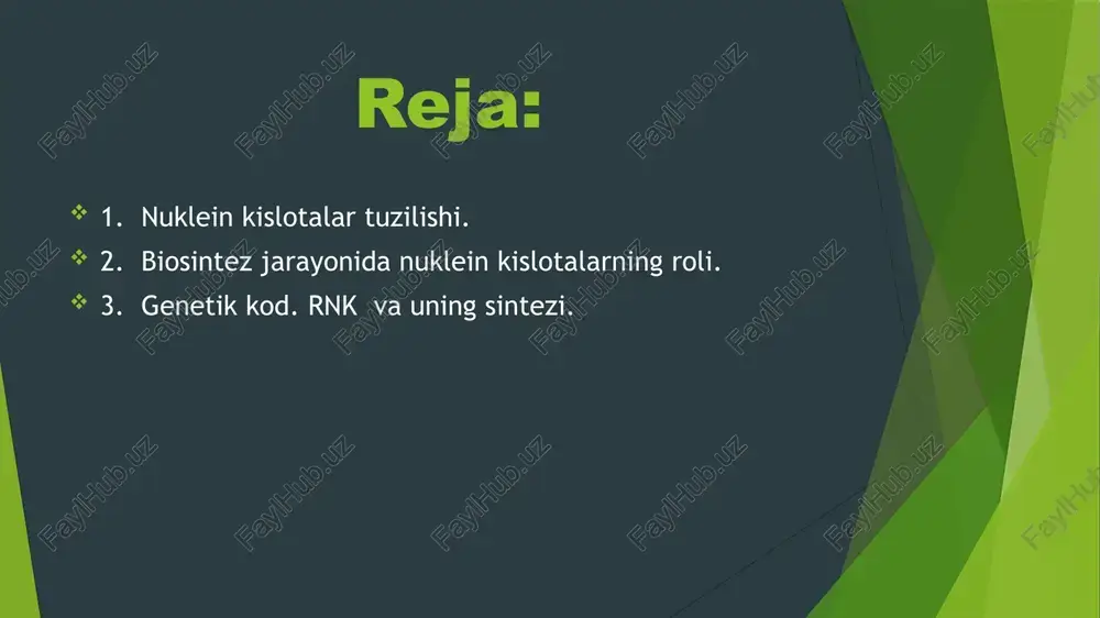 rnk (irnk) keyingi bosqichga o‘tadi. translatsiya (tarjimasi jarayoni) translatsiya – irnkdagi axborot asosida aminokislotalar zanjiri (oqsil) yig‘iladi. bu jarayon ribosomalarda sodir bo‘ladi. ishtirok etadi: irnk – axborotni olib keladi trnk – aminokislotalarni olib keladi rrnk – ribosomaning asosiy komponenti kodon–antikodon mosligi asosida oqsillar yig‘iladi genetik kod – hayotiy tilning asosiy alifbosi genetik kod — bu dnk yoki rnkdagi uch harfli kodonlar tizimi bo‘lib, har bir kodon bitta aminokislotani bildiradi. har bir kodon — 3 ta azotli asosdan tashkil topgan (masalan: aug, uuu, ggc). jami 64 ta kodon mavjud: 61 tasi aminokislotalarni kodlaydi 3 tasi — stop kodonlar (oqsil sintezini to‘xtatadi) genetik kod umumbashariy va degenarativdir (ya’ni bitta aminokislotani bir nechta kodon bildirishi mumkin). rnk – genetik axborotni tashuvchi va tarjimon irnk (informatsion rnk): dnkdagi genetik axborotni ribosomaga olib boradi. oqsil sintezida matn sifatida xizmat qiladi. trnk (transport rnk): aminokislotalarni ribosomaga olib keladi. antikodon orqali irnkdagi kodonni aniqlaydi. rrnk (ribosomal rnk): …