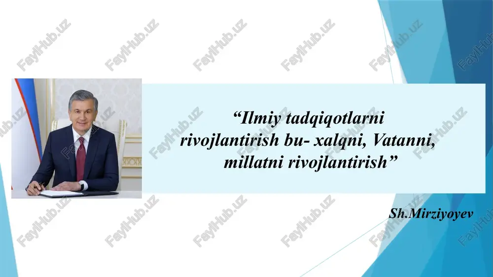 zimi solishtirilib, ularning innovatsion yondashuvlari va samarali metodlari tahlil qilingan bo‘lib, o‘zbekiston ta’lim tizimi uchun muhim xulosalar chiqarilgan. 2. m. frank pajaresning “o‘qituvchilarning e’tiqodlari va ta’lim tadqiqotlari: chalkash tushunchani tartibga solish”(“teachers' beliefs and educational research: cleaning up a messy construct”) maqolasi “ta'limiy tadqiqotlar sharhi” (“review of educational research”) jurnalida 1992- yil chop etilgan. unda mavjud tadqiqotlar tahlil qilingan, o‘qituvchilarning tadqiqotlari ishonchili va pedagogik tajribalariga bog‘liqligi aniqlangan. 3. munavvar qorining “o‘qituvchi tarbiyasi” asari. ta’lim jarayonida o‘qituvchilarning roli va mas’uliyatini yoritadi, yaxshi o‘qituvchi faqat bilim beruvchi emas, balki ma’naviy va intellektual rivojlanishga yo‘l ochuvchi rahbar ekanligi haqida xulosa qilinadi. mavzuga oid adabiyotlar mavzuning maqsadi maktabda pedagogik tadqiqotlarni tashkil etishning asosiy maqsadi – ta’lim jarayonining samaradorligini oshirish, o‘qitishning yangi metodlarini ishlab chiqish va sinovdan o‘tkazish. vazifalar pedagogik jarayonni o‘rganish: maktabda ta’lim tizimi, o‘qitish metodlari va o‘quvchilarni o‘qitish jarayonlarini chuqur o‘rganish. tadqiqotlar yordamida o‘qitish samaradorligini oshirish va o‘quvchilarning bilish faoliyatini yaxshilash. ta’lim sifatini baholash …