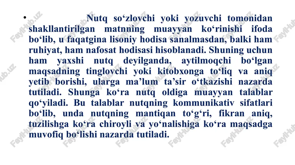 gi, yigitcha-yigitcha, o‘quvchimiz - o‘quvchimiz so‘zlarining ma’nosi ham urg‘u yordamida oydinlashadi. 2. nutqning aniqligi. nutqning aniqligi so‘zning o‘zi ifodalayotgan voqelikka mutlaqo mos va muvofiq kelishidir. aniqlik nutqning muhim xususiyatlaridan biri ekanligi qadimdan ma’lum. g‘arb mutafakkirlari ham, sharq olimlari ham aniqlikni nutq sifatlarining birinchi sharti deb hisoblaganlar. aristotel: «agar nutq noaniq bo‘lsa, u maqsadga erishmaydi»,-- degan. kaykovus esa: «ey farzand, so‘zning yuzin va orqasin bilg‘il va ularga rioya qilg‘il, har na so‘z desang yuzi bila degil, to suxango‘y bo‘lg‘aysan. agar so‘z aytib, so‘zning nechuk ekanin bilmasang qushga o‘xsharsanki, unga to‘ti derlar, ul doim so‘zlar, ammo so‘zning ma’nosin bilmas». «shunday kishini notiq (suxango‘y) deymizki, uning har so‘zi xalqqa tushunarli bo‘lsin va xalqning har so‘zi unga ham ma’lum bo‘lsin». yana davom ettiradi: aniqlik nutqning muhim xususiyati, fazilati sifatida fikrni yorqin ifodalash bilan, nutq predmetining ma’nosi bilan, nutqda ishlatilayotgan so‘z ma’nolarini bilish bilan bog‘liq bo‘ladi. agar notiq o‘zi fikr yuritmoqchi bo‘lgan nutq predmetini yaxshi …