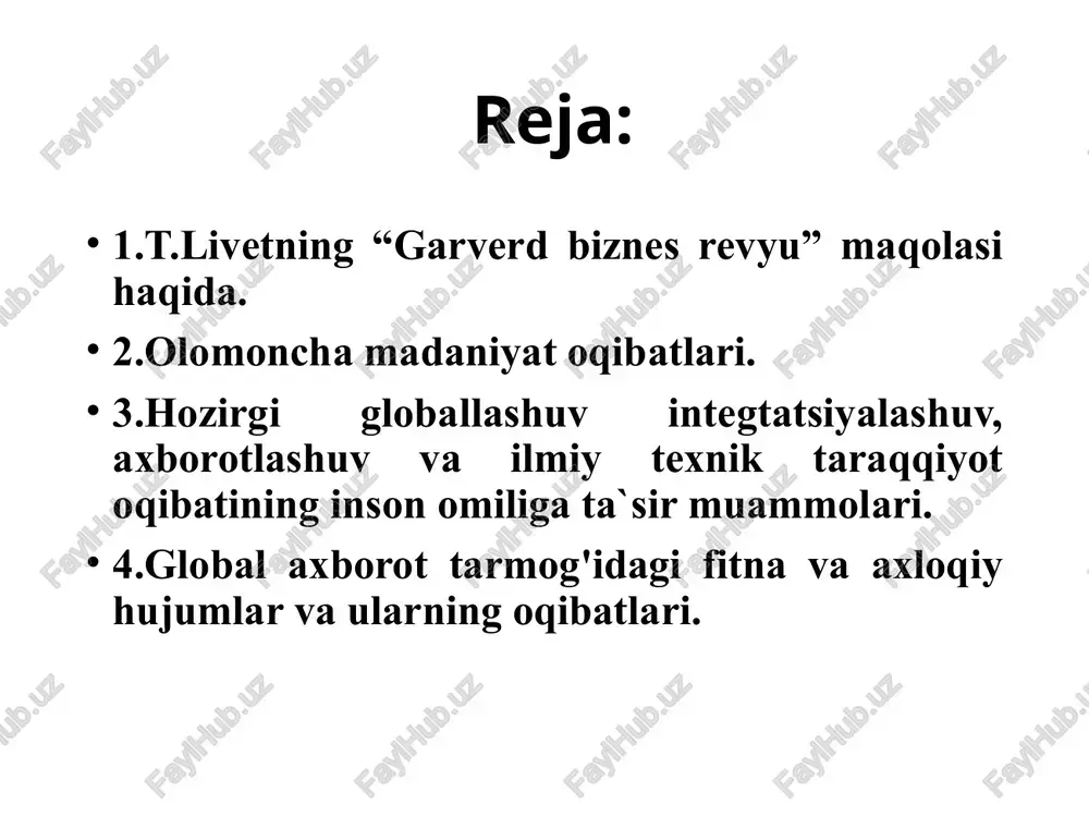 timiz uchun ijobiy bo'lsa, ayrimlari salbiy ta'sir etadi. bu ayniqsa, ma'naviyatga yetarlicha zarar keltiradi. albatta, bu jarayonlardan ko'z yumib bo'lmaydi. muammoning qay darajadaligidan qat'iy nazar uning oldini olish, bunga qarshi kurashish choralarini izlash bizning oldimizda turgan vazifadir. 7 globallashuv (lot. globus – er kurrasi) deb nomlandi. globallashuv jamiyat hayotining turli jabhalarida butun er sayyorasi uchun yagona bo'lgan tuzilmalar, aloqalar va munosabatlarning shakllanishi, universallashuv jarayonidir. shuningdek globallashuv global makonning tutashligi, yagona jahon xo'jaligi, umumiy ekologik o'zaro aloqadorlik, global kommunikatsiyalar va shu kabilar bilan tavsiflanadi. axborot globallashayotgan hozirgi zamonda dunyo mamlakatlaridagi matbuot va axborot vositalari faoliyati bilan bir tizim sifatida tasavvur qilib bo’lmas, aql bovar qilmas oqimga aylanib bormoqda.inson aql-idrokining, sivilizatsiyasining bemisl ixtirolaridan bo’lgan mazkur oqim “jahon jurnalistikasi”‚“ xalqaro jurnalistika” deb atalmoqda. axborot globallashuvi dunyo mamlakatlaridagi shart-sharoit va ijtimoiy-siyosiy, ma’naviy-ma’rifiy hayotimizdagi umumiylikni, o’xshashliklarni keltirib chiqardi. 9 globallashuv jarayonining uch o'lchovi  globallashuv-muttasil davom etadigan tarixiy jarayon;  globallashuv-jahonning gomogenlashuvi va universallashuvi jarayoni; …