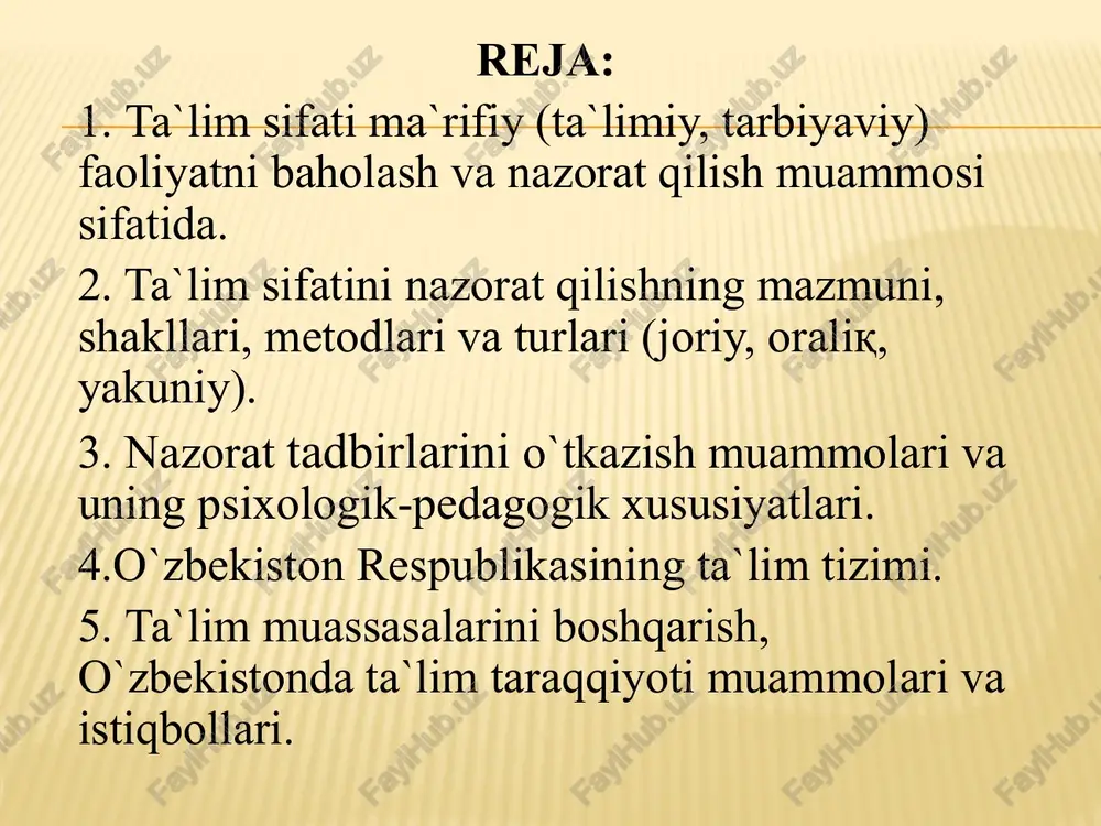 hirish qo`yida ko`rsatilgan mantiqiy ketma-ketlikda olib borilishi kerak. tekshirish tizimidagi birinchi bo`g`in ta`lim oluvchinig bilim darajasini oldindan aniqlash hisoblanadi. odatda, u o`quv yili boshida o`quvchilar tamonidan avvalgi o`quv yilida o`zlashtirgan bilimlari darajasini aniqlash maqsadidida o`tkaziladi. bilimlarni tekshirishning ikkinchi bo`g`ini har mavzuni o`zlashtirish jarayonidagi joriy tekshirishdir. joriy tekshirish ta`lim oluvchilar tamonidan o`quv dasturida belgilangan ayrim alohida elementlarni o`zlashtirish darajasini tashxislash imkonini beradi. takroriy tekshirish bilim, ko`nikma va malakalarni tekshirishning uchunchi bo`g`uni sanalib, joriy tekshirish kabi mavzuli bo`lishi mumkin. yangi mavzuni o`rganish bilan birga o`quvchilar avval o`rganganlarini takrorlaydilar. takroriy tekshirish bilimlarni mustahkamlashga ko`maklashadi, biroq o`quv ishlari bosqichini tavsiflash ,bilimlarni o`zlashtirish mustahkamligi darajasini tashxislash imkonini bermaydi. tizimning to`rtinchi bo`g`ini o`quvchilarning bilim, ko`nikma va malakalarini yaxlit bo`lim yoki kursnnig alohida mavzusi bo`yicha davriy tekshirish hisoblanadi. mazkur tekshirishning maqsadi - kursning turli qismlarida o`rganilgan o`quv materialining strukturaviy elimentlari o`rtasidagi o`zaro aloqalarni o`zlashtirish sifatini tashxislash. tekshirishdan tashqari nazorat o`z ichigabaholashni (jarayon sifatida) va bahoni (natija sifatida) …
