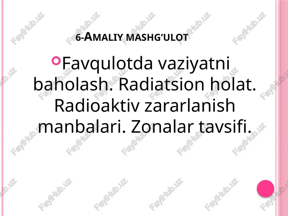ga birinchi tibbiy yordam koʻrsatish zarur. 3.oʻrtacha vayrongarchilik zonasi (20-30kg) binolar qisman emiriladi, yongʻin oʻchoqlari va yoppasiga yongʻin paydo boʻladi. pana joylarga yashirinmaganlar shikastlanadi, kuyadi. 4.kuchsiz vayrongarchiliq zonasi zarb toʻlqini bosimi (10-20 kpa) binolar vayron boʻlmaydi, devorlar darz ketadi, yongʻin boʻlishi mumkin. odamlar engil shikastlanadi. radioaktiv moddalar bilan zaharlanishning oldini olish uchun yadro qurolidan shikastlanish oʻchogʻida ishlash rejimiga va radiasion darajasiga qarab ular shu joyda qancha vaqt qolishiga rioya qilish zarur. bakteriologik shikastlanish oʻchogʻida aholining oʻzini tutishi va hatti – harakat qoidalari. bakteriologik vositalar bilan zaharlangan hamda yuqumli kasalliklarning tarqalish manbai hisoblangan shaharlar, aholi punkttlari, xalq xoʻjalik ob'ektlari va teritoriyalar bakteriologik shikastlanish oʻchogi deb ataladi. tinchlik vaqtidayoq maxsus profilaktika oʻtkazish kerak. vaksina va zardob bilan emlash orqali ai–2 dagi vositalardan bakteriyaga qarshi foydalanish kerak. bakteriologik quroldan toʻliq himoyalanish uchun epidemiyaga qarshi choralar koʻriladi. shaxsiy gigiena va sanitariya gigiena talablariga rioya qilish kerak. biologik vositalar qo‘llanishi oqibatida favqulodda epidemologik, epizootik va …