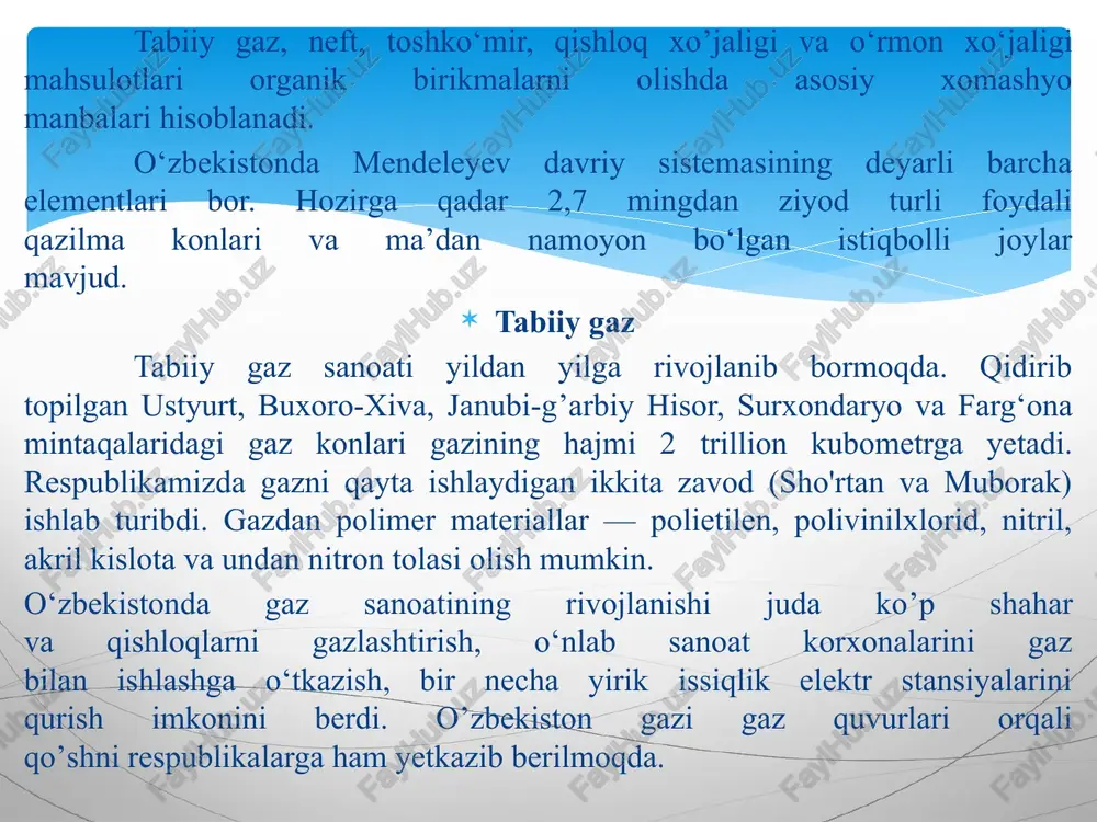 bu aralashma sintez gaz deyiladi. sanoatda metil spirt sintez gazdan olinadi: tabiiy gazni oksidlab formaldegid olinadi. formaldegidga fenol ta’sir ettirib fenolformaldegid smola hosil qilinadi. bu smoladan polimer materiallar olishda foydalaniladi. tabiiy gazdan navoiy va chirchiq elektrkimyo kombinatlarida qishloq xo‘jaligi uchun eng zarur bo‘lgan organik o‘g‘itlar (karbamid-mochevina) olinadi. neft. neft to‘q jigarrang moysimon suyuqlik bo’lib, uglevodorodlarning asosiy manbayidir. neft tarkibidagi to’yingan, karbosiklik va aromatik uglevodorodlarning miqdori qazib olinadigan joyiga qarab har xil bo’ladi. respublikamizning farg‘ona, andijon, namangan, buxoro, surxondaryo, qashqadaryo va boshqa mintaqalarida 160 dan ortiq neft konlari mavjud. yildan yilga avtomobil va aviatsiya transportini ishlab chiqarish rivojlanmoqda. bu transportlarni benzin va kerosin yonilg‘ilari bilan neft sanoati ta’minlaydi. neftni qayta ishlashda kreking usullari qo’llanib, benzin mahsuloti olish oshirildi. kreking inglizcha so‘z bo‘lib, «parchalash» demakdir. demak, bu usulda yuqori molekulali uglevodorodlar kichik molekulalargacha parchalanadi: sanoatda termik kreking va katalitik kreking usullari qo’llanadi. termik krekinglashda yuqori molekulali uglevodorodlar 450°c dan yuqori temperaturada va …