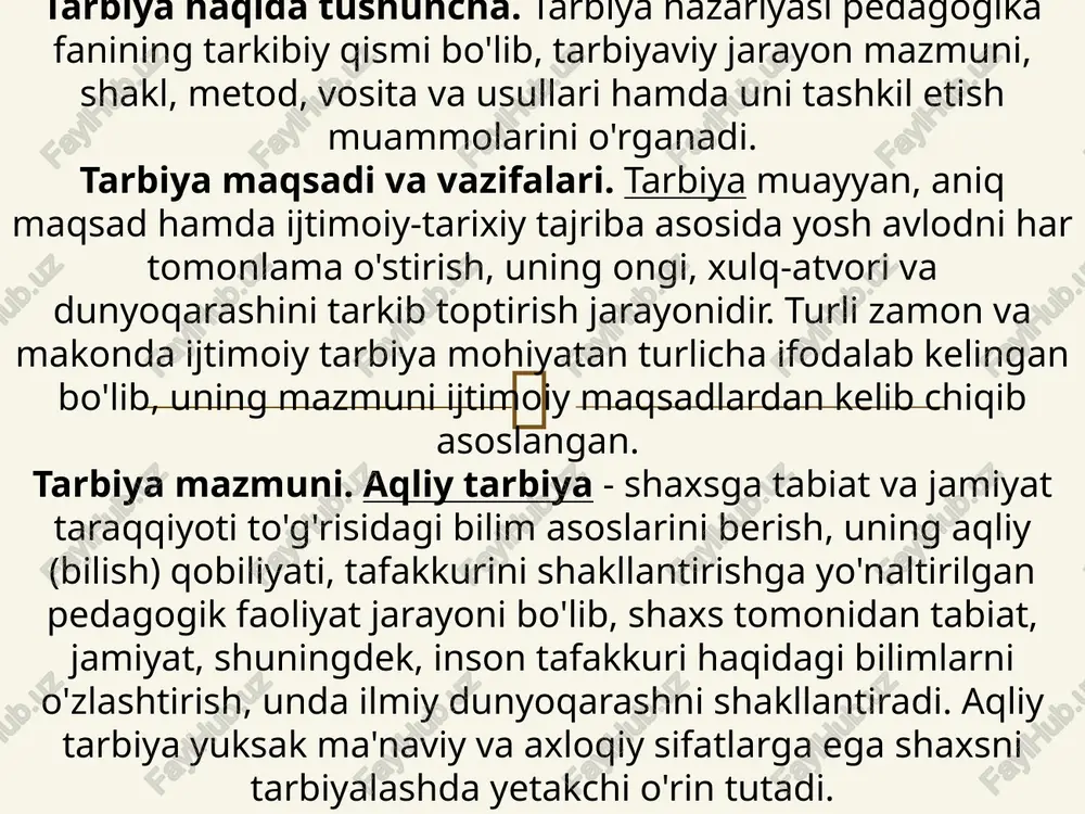 analadi. axloqiy tarbiya asosini shaxsni ijtimoiy-axloqiy me'yorlardan xabardor etish tashkil qiladi  jismoniy tarbiya o'quvchilarda jismoniy va irodaviy sifatlarni shakllantirish, ularni aqliy va jismoniy jihatdan mehnat hamda vatan mudofaasiga tayyorlashga yo'naltirilgan pedagogik jarayon bo'lib, ijtimoiy tarbiyaning ajralmas tarkibiy qismi sifatida namoyon bo'ladi mehnat tarbiyasi shaxsga mehnatning mohiyatini chuqur anglatish, ularda mehnatga ongli munosabat, shuningdek, muayyan ijtimoiy-foydali harakat yoki kasbiy ko'nikma va malakalarni shakllantirishga yo'naltirilgan pedagogik jarayondir. asosiysi, hayot manbayi, umr mazmuni hisoblanadi. mehnat tarbiyasidan ko'zlangan maqsad, avvalo, o'quvchilarga mehnatning mohiyati, mazmunini chuqur anglatishdan iboratdir. nafosat tarbiyasi (estetik tarbiya: lot. «estezio» - «go'zallikni his etaman» ma'nosini bildiradi) shaxsni ijtimoiy voqelik, tabiat va mehnat munosabatlari hamda turmush go'zalliklarini anglash, idrok etish, to'g'ri tushunishni o'rgatish, ularning estetik didini o'stirish, ularda go'zallikka muhabbat uyg'otish, shuningdek, go'zallikni yaratish qobiliyatlarini tarbiyalash jarayoni bo’lib, ijtimoiy tarbiyaning yana bir muhim tarkibiy qismi sanaladi.  tarbiya jarayonining o’ziga xos xususiyatlari. ijtimoiy tarbiya maqsadi va vazifalarini amalga oshirish uchun tarbiya …