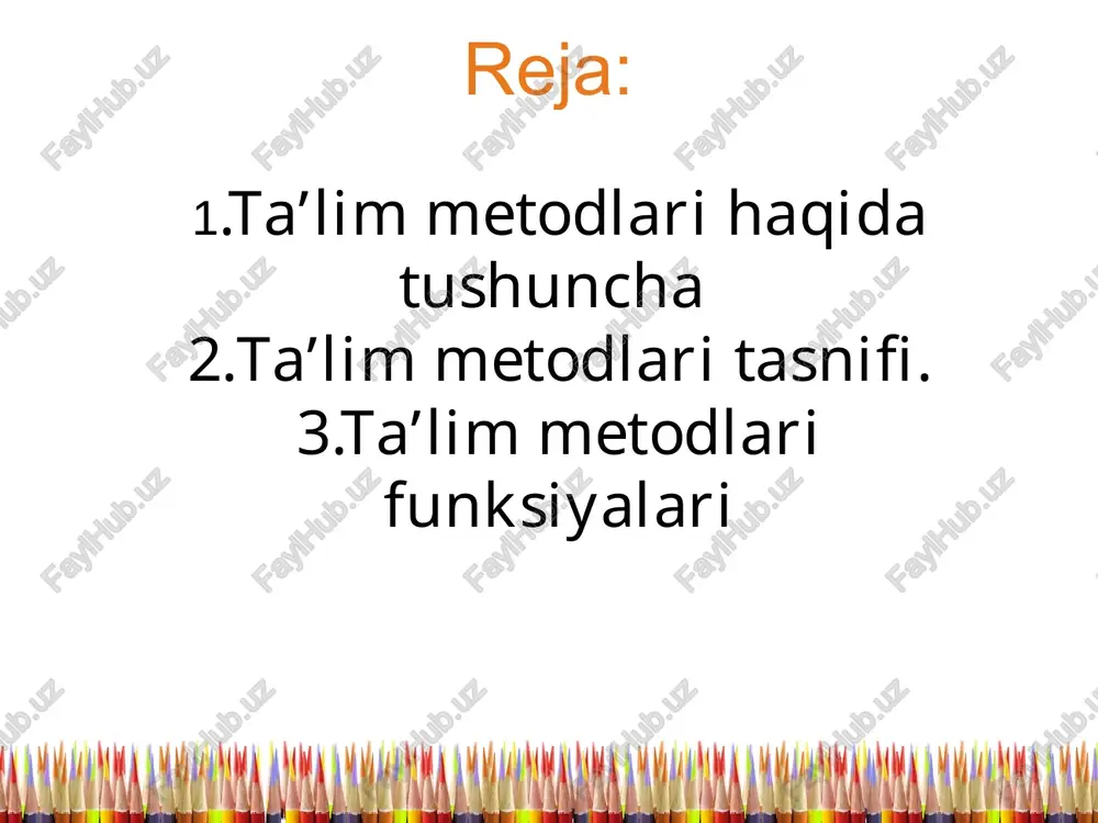 a yordam berish va rag’batlantirish metodlari faoliyat samaradorligi va o’z-o’zini nazorat qilish metodlari bilish faoliyati tabiatiga ko’ra: tushuntirsh-misol keltirish metodi-o’qituvchi turli vositalar yordamida tayyor axborotni beradi,o’quvchi uni idrok etadi,anglaydi va esda saqlaydi. qayta tiklash metodi - o’qituvchi axborotni tayyor ko’rinishida tushuntiradi,o’quvchi uni o’zlashtiradi va qayta tiklaydi,xotirlaydi. qisman-izlanish (savol-javob) metodi – oʼqituvchi oʼquvchini izlash amallarini bajarishga jalb etadi, oʼquvchi topshiriqni qisman mustaqil bajaradi tadqiqiy metod – oʼquvchining bilimlarni ijodiy izlashi (bilimini orttirish, narsa yoki hodisani tekshirish, xulosa qilish, olgan bilimi va koʼnikmasini amalda qoʼllashga oʼrganish) ta’lim vositalari o’quv jarayoni maqsadiga erishishda foydalaniladigan materiallar va “qurollar”; bilim va koʼnikmalarni oʼzlashtirishda oʼquvchi va oʼqituvchi tomonidan foydalaniladigan moddiy yoki mukammal obʼektlar. ta’lim vositalarining turlari mashgʼulotning didaktik vositalari: tabiiy obʼektlar (model, maket va h.k.); koʼrsatmali vositalar (chizma, rasm, fotosurat, diagramma va h.k.); geografik xaritalar; shartli belgilar majmui (nota, matematik ishora, geografik shartli belgi va h.k.); texnik vositalar (diaproektor, magnitofon, videomagnitofon, asbob-uskunalar, televizor, kompyuter va h.k.);laboratoriya …