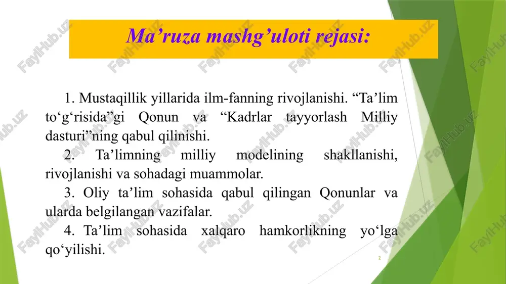 n uchrashuvdagi nutqi. za.uz/oz/documents/2019-2023-yillarda-mirzo-ulug‘bek-nomidagi-o‘zbekiston-milliy-u-18-06-2019. 7. o‘zbekiston respublikasi prezidentining 2019-yil 8-maydagi pq-4312-son qaroriga ilova. o‘zbekiston respublikasi maktabgacha taʼlim tizimini 2030-yilgacha rivojlantirish konsepsiyasi. 4 asosiy adabiyotlar: 1. vasiyeva d.i. mustaqillik yillarida o‘zbekistonda universitet taʼlimining shakllanishi va rivojlanishi: tajriba va muammolari (1991-2001-yy.). tarix fanlari nomzodi diss. – qarshi, 2008. 2. o‘zbekiston tarixi (1917-1991-yillar). 2 tom. masʼul muharrirlar: r.abdullayev, m.rahimov. – toshkent: o‘zbekiston, 2019. 3. o‘zbekiston tarixi. r.h.murtazayevaning umumiy tahriri ostida. –toshkent, 2005. 5 mustaqillik yillarida o‘zbekiston respublikasida islohotlarni boshidan kechirgan va natijasini ko‘rsata olgan sohalardan biri taʼlim tizimidir. o‘zbekistonda ilm-fanga alohida eʼtibor qaratila boshlandi. zamonning tezkor taraqqiyotiga xizmat qiluvchi yangi fan sohalari bo‘yicha tadqiqotlar yo‘lga qo‘yildi. tabiiy va aniq fanlarni o‘qitish va ilmiy tadqiqotlar olib borish davlat siyosati darajasiga ko‘tarildi. o‘zbekiston respublikasida ilm-fanni rivojlantirishda o‘zbekiston respublikasi fanlar akademiyasining o‘rni beqiyosdir. shuningdek, respublika oliy taʼlim muassasalaridagi professor-o‘qituvchilar faoliyatining salmoqli qismi ilmiy tadqiqotlarga qaratilganligi o‘z samarasini bera boshladi. “fan, taʼlim va ishlab chiqarish integratsiyasi” o‘zbekistonda …