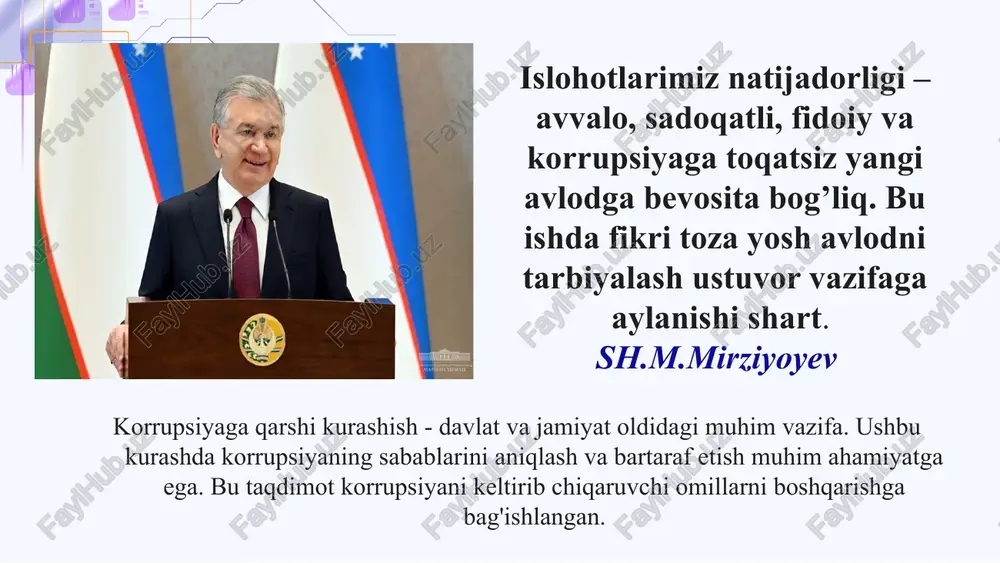 cha va maktab taʼlimi vazirining “korrupsiyaga qarshi kurashishga oid ichki idoraviy hujjatlarni yangi tahrirda tasdiqlash to‘g‘risida”gi 2023-yil 27 -iyun, 196-sonli buyrug‘i mavzuga oid me’yoriy-huquqiy hujjatlar: o‘zbekiston respublikasi konstitutsiyasi muammoni hal etish sabablari va muhimligi korrupsiya - iqtisodiy rivojlanishga salbiy ta'sir qiladi korrupsiya natijasida resurslar adolatsiz taqsimlanadi, bu esa jamiyatda tengsizlik va norozilikka sabab bo‘ladi. korrupsiya davlat idoralarining samaradorligini pasaytiradi korrupsiya huquq-tartibot organlarini adolatli va samarali ishlashiga to‘sqinlik qiladi. korrupsiya siyosiy beqarorlikni keltirib chiqaradi, chunki jamiyatda davlat boshqaruviga nisbatan ishonch pasayadi korrupsiya aholining daromad darajasini pasaytiradi va ishsizlikni ko‘paytirishi mumkin, bu esa jamiyatning umumiy farovonligini yomonlashtiradi 6 mavzuga oid adabiyotlar tahlili: "korrupsiya va yurt taraqqiyoti" (muallif: iqbol khamroyev) bu asar korrupsiyaning iqtisodiy taraqqiyotga ta'siri va jamiyatda ijtimoiy adolatsizlikka olib kelishi haqida yozilgan. korrupsiyaga qarshi kurash strategiyalari ham muhokama qilinadi. "korrupsiya: sabablari va oqibatlari" (muallif: bahodir qosimov) ushbu kitobda korrupsiyaning ijtimoiy, iqtisodiy va siyosiy sabablari, shuningdek, uning jamiyatga ta’siri chuqur tahlil qilinadi. …