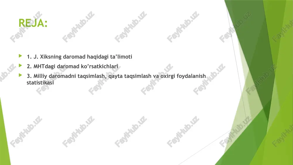 ng iqtisodiy faoliyatida bevosita va bilvosita (moliyaviy va ishlab chiqarilmagan aktivlari bilan) qatnashganliklari natijasida ega bo’ladigan daromadlaridir. mehnat haqi uy xo’jaligi sektorining birlamchi daromadi hisoblanadi. mahsulot uchun soliqlar rezident birliklar tovar yoki xizmatni ishlab chiqarganda va uni sotganda mahsulot birligiga nisbatan bevosita va yashirin to’lanishi lozim bo’lgan (to’langan emas) soliqlar miqdoridan iborat. ular tarkibiga qo’shilgan qiymat, aksiz, mahsulot narhiga ustama va qo’shimchalar va yashirin soliqlar kiradi. mahsulot uchun subsidiyalar rezident birliklariga davlat byudjeti tomonidan tovar yoki xizmatni ishlab chiqarganda yoki uni sotganda mahsulot birligiga nisbatan bevosita va yashirin to’lanishi lozim bo’lgan (to’langan emas) subsidiyalar miqdoridan iborat. sof foyda nomoliya, moliya, davlat boshqaruv idoralari va uy xo’jaligiga xizmat ko’rsatuvchi notijorat tashkilotlarning birlamchi daromadi hisoblanadi. mulk uchun daromad deganda, - institutsion birliklarning boshqa birliklar iqtisodiy faoliyatida o’zlariga tegishli bo’lgan moliyaviy va ishlab chiqarilmagan aktivlari bilan qatnashganliklari natijasida ega bo’ladigan daromadlarini tushunamiz. mhtdagi daromad ko’rsatkichlari transfertlar - bir tomonlama iqtisodiy operatsiyalardan iborat. bu …