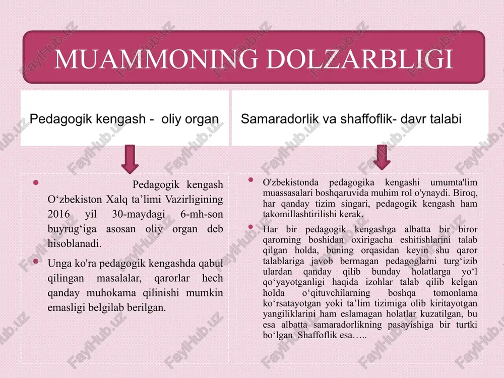 oshchilik qilayotgan tizm, tuzilma haqida yetarlicha dunyoqarashi, bilim, malaka va ko'nikmaga ega bo'lishi shart. o‘z navbatida intiluvchan hamda har tomonlama o‘tkir zehnli bo‘lishi ham zarur. finlyandiyaning yuqori sifatli va ilg‘or usullari bilan mashhur bo'lgan ta'lim tizimi ko‘p jihatdan pedagogik kengashlarning samarali ishlashiga tayanadi. ushbu kengashlar maktablarning yaxshi muvofiqlashtirilgan ishlashini ta'minlashda, o‘qituvchilarning kasbiy rivojlanishini rag‘batlantirishda va oxir-oqibat o‘quvchilarning yuqori o‘quv natijalariga erishishda muhim rol o‘ynaydi. «finnish lessons» kitobi muallifi pasi salberg mavzuga oid adabiyotlar tahlili 1. ta'lim sifatini yaxshilash: pedagogik samaradorligini oshirish ta'lim jarayoni haqida ko‘proq ma'lumotli va yaxshi qabul qilingan qarorlar qabul qilish, bu, o‘z navbatida o‘qitishning yaxshilanishiga olib keladi. 2. ta'lim tizimiga bo‘lgan ishonch darajasini oshirish: pedagogik kengash ishidagi oshkoralik maktab ma'muriyati, ota-onalar va jamiyat o‘rtasida ishonchni mustahkamlashga yordam beradi. bu o‘qib o‘rganish uchun yanada qulay muhit yaratadi. 3. manfaatdor o‘qib o‘rganish haqida faolligini oshirish: pedagogika kengashi ishiga manfaatdor tomonlarning jalb etilishi barcha o'quvchilarning ehtiyojlarini qondirishga yordam beradi. 4. …