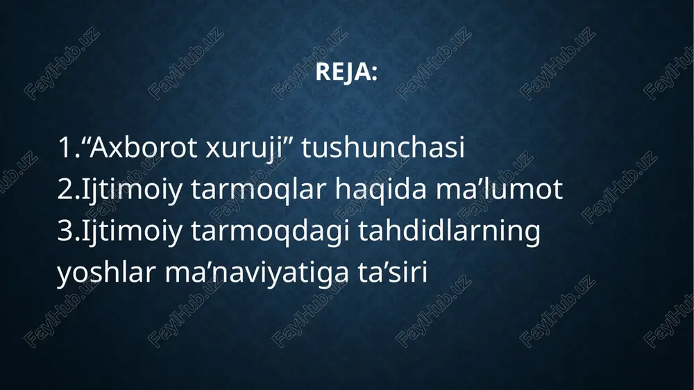 holda tegishli usullar orqali amalga oshiriladi. bularga psixologik usullar (o‘z fikrini singdirish, rag‘bat, majburlash, jazolash, namuna ko‘rsatish), harbiy usullar (jismoniy zarar yetkazish orqali o‘z fikrini singdirish), iqtisodiy usullar (potensial raqibning iqtisodiy holatini yomonlovchi savdo yoki moliyaviy sanksiyalar yaratish), siyosiy usullar (turli siyosiy o‘yinlar) kiradi. mazkur usullarni mukammal bilgan holatdagina axborot hurujlariga qarshi kurash yo‘llarini ishlab chiqish mumkin. globallashuv sharotida dunyoning mafkuraviy manzarasi hozirda juda murakkablashib ketdi. unda ta’sir kuchiga ega bo‘lishni eng maqbul yo‘li sifatida, mablag‘ qancha ketishidan qat’iy nazar yirik axborot tarqatuvchilik mavqeini egallash ekanligi hozirda sir bo‘lmay qoldi. jahonda informasion urush ketayotganini hatto oddiy insonlar ham sezishlari mumkin. misol uchun biron mamlakat hududida ma’lum turmush tarzini, qadriyatlar tizimini ulug‘lovchi risolalar, san’at asarlari, kinofilmlar, axborotlar va hokazolar tarqatilmoqda. bunday informatsiyalar jamiyatda ma’lum ijtimoiy fikrning shakllanishiga ta’sir etmay qolmaydi. ijtimoiy tarmoq — bu qiziqishlari oʻxshash yoki oflayn aloqaga ega boʻlgan odamlar oʻrtasida muloqot qilish, tanishish, ijtimoiy munosabatlar yaratish uchun, shuningdek, …