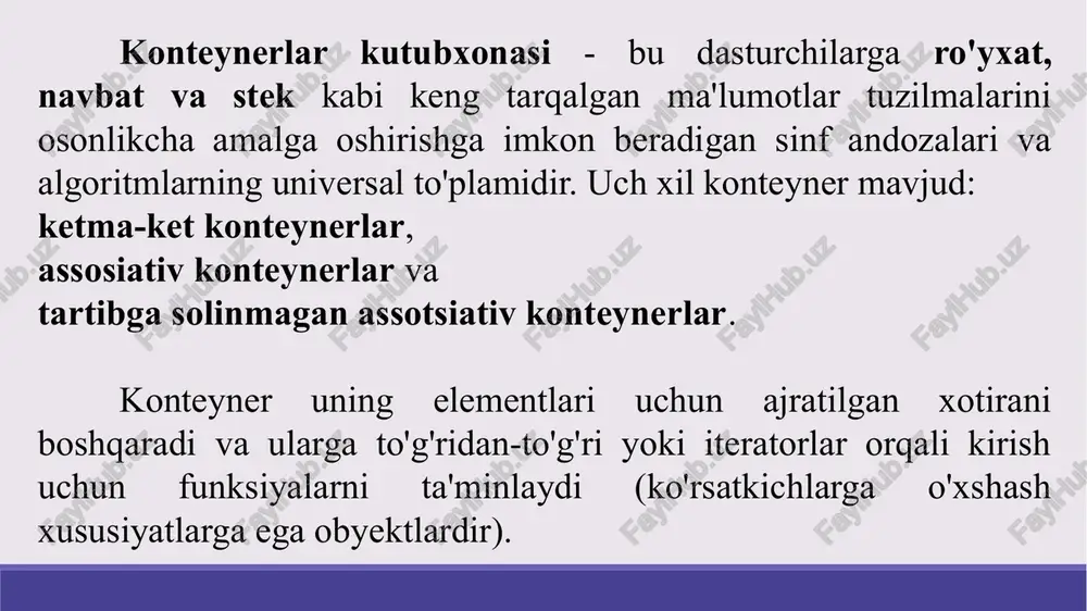 iblangan ro'yxatlarni birlashtirish. splice_after elementlarni boshqa forward_listdan ko'chiradi. remove remove_if ma'lum belgilarga javob beradigan elementlarni olib tashlaydi. reverse elementlarning tartibini o'zgartiradi. unique ketma-ket takrorlanadigan elementlar o'chiriladi. sort elementlarni tartiblash. array va vector bir-biriga yaqin konteynerlardir, ya'ni ular o'zlarining ma'lumotlarini doimiy xotirada saqlaydilar, shuning uchun vektor / massivning o'rtasiga qo'shib qo'yish juda qimmatga tushadi (operaton soni va ishlov berish vaqti bo'yicha), chunki biz barcha elementlarni almashtirishimiz kerak, ro'yxat ushbu muammoni engib chiqadi. ro'yxat konteynerining a'zo funktsiyalari qo'shish funktsiyasi ushbu usul, nomidan ko'rinib turibdiki, elementni ma'lum bir joyga, ro'yxatga kiritadi. insert () ning uchta o'zgaruvchilari mavjud, ular quyidagicha: insert (iterator, element): iterator ko'rsatgan pozitsiyadan oldin ro'yxatdagi elementni qo'shadi. insert (iterator, count, element): ro'yxatga elementni iterator ko'rsatgan pozitsiyadan oldin qo'shadi, necha marta hisoblash. push_back (element) usuli elementlarni orqa tomondan ro'yxatga kiritish uchun ishlatiladi. push_front (element) usuli elementlarni ro'yxatdan old tomondan surish uchun ishlatiladi. pop_front () birinchi elementni ro'yxat boshidan olib tashlaydi. pop_back () …