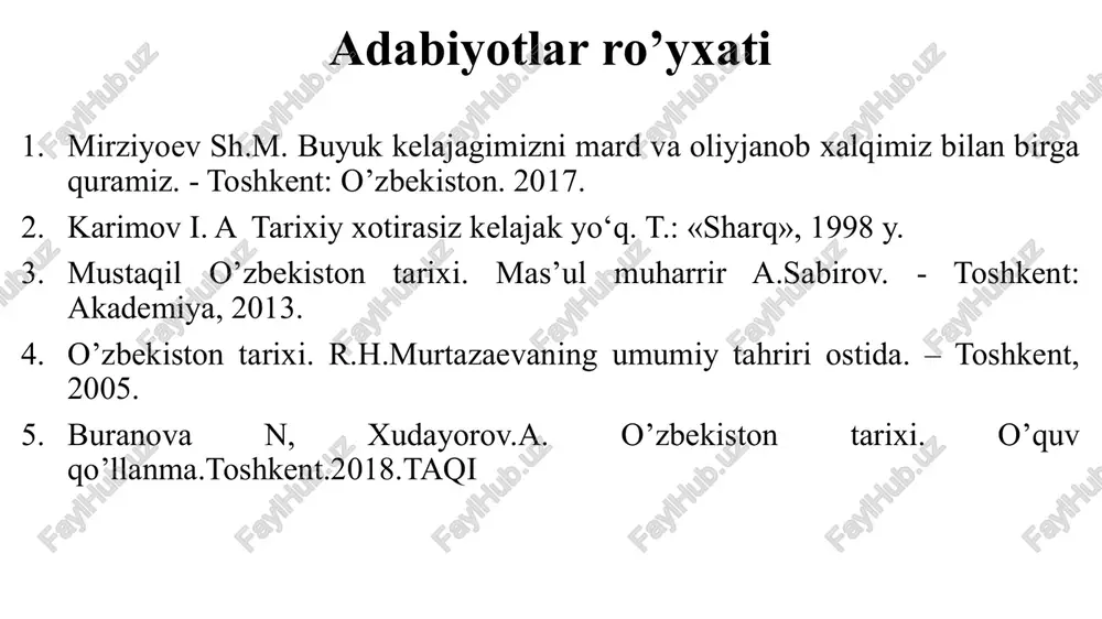 iqlol, iqtisod, siyosat, mafkura. t. 1. - toshkent: o'zbekiston, 1996. karimov i.a. tinchlik va xavfsizligimiz o'z kuch-qudratimizga, hamjihatligimiz va qat'iy irodamizga bog'liq. t. 12. - toshkent: o'zbekiston, 2004. karimov i.a. inson uning huquq va erkinliklari - oliy qadriyat. t. 14. - toshkent: o'zbekiston, 2006. karimov i.a. yuksak ma'naviyat-engilmas kuch. -toshkent: ma'naviyat, 2008. karimov i.a. demokratik islohotlarni yanada chuqurlashtirish va fuqorolik jamiyatini shakllantirish-mamlakatimiz taraqqiyotining asosiy mezonidir. t.19. – toshkent: o’zbekiston, 2011. karimov i.a. o'zbekiston mustaqillikka erishish ostonasida. – toshkent: o'zbekiston, 2011. karimov i.a. tarixiy xotira va inson omili – buyuk kelajagimiz garovidir. xalq so'zi. 2012, 10 may. karimov i.a. ona yurtimiz baxtu iqboli va buyuk kelajagi yo'lida xizmat qilish – eng oliy saodatdir. - toshkent: o'zbekiston. 2015. asosiy adabiyotlar mustaqil o'zbekiston tarixining dastlabki sahifalari. - toshkent, 2000. erkaev a. o'zbekiston yo'li. - toshkent: ma'naviyat, 2011. mustaqillik: izohli ilmiy-ommabop lug'at // m.abdullaev va boshqalar: to'ldirilgan uchinchi nashr. - toshkent: sharq, 2006. 2017-2021 …