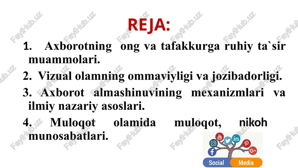 anglata boshladi. rus tadqiqotchisi n.oryol ijtimoiy guruhlar va destruktiv tashkilotlarga atroflicha ta'rif berib, ularni quyidagicha tasniflaydi: kun sayin jadal rivojlanib borayotgan axborot asrida zamonaviy texnika vositalaridan foydalanmaslikning yoki ularga murojaat etmaslikning hech bir iloji yo’q. chunki, inson dunyoqarashining shakllanishida, ma’naviy olamining yanada kengayishida, ayniqsa kompyuter texnologiyasi asosiy vosita rolini bajarmoqda. bu — bir tomondan quvonarli holat. bugungi kunda, siz yoshlar, mana shunday katta imkoniyatlardan xoxlagancha foydalanib, o’qish yoki ish davomida vaqtingizdan ancha unumli foydalanmoqdasiz. hozirgi kun nuqtai nazar bilan qaraydigan bo’lsak, allaqachon global tarmoqqa aylanib ulgurgan internet ijtimoiy tarmoqlar o’zining tezkorligi chegara bilmasligi bilan ommaviy axborot vositalari orasida eng muhim sohaga aylanib ulgurdi. ijtimoiy tarmoqlar orqali har soatda yurtimiz va jahonga oid eng so’ngi yangiliklardan boxabar bo’lib turamiz. 2. ijtimoiy tarmoqlarning imkoniyatlari va afzalliklari 1.izlash va muloqotdagi qulaylik ijtimoiy tarmoqlarda video, audio, surat, biror-bir shaxs yoki suhbatdoshlar topish juda oson. bunday saytlarda foydalanuvchilar roʻyxatdan oʻtish chogʻi koʻpincha ismi sharifi, tugʻilgan …